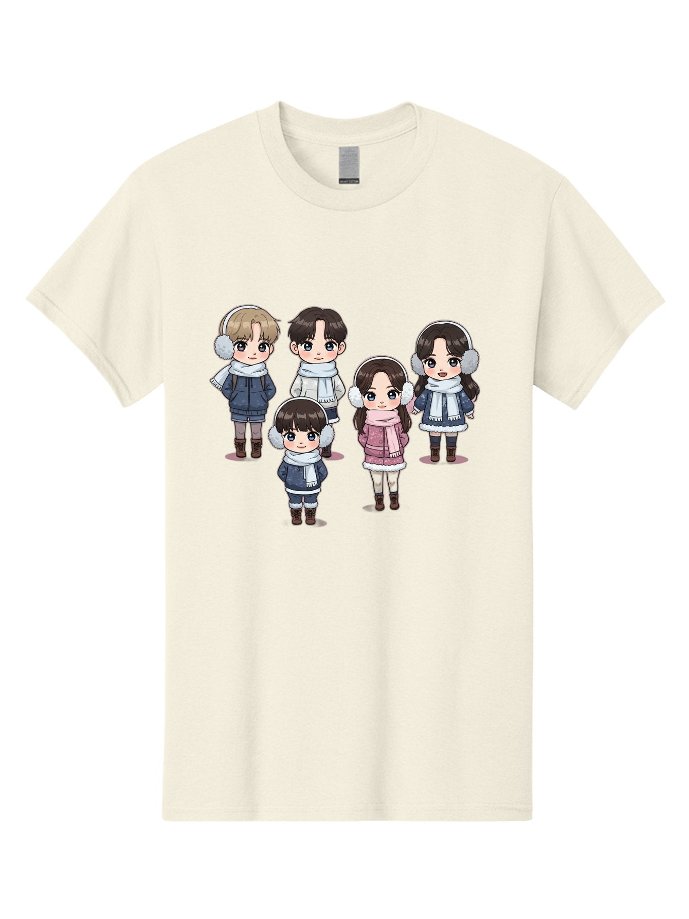 K-Pop-Chibi-Characters Men'S Graphic Tee, 100% Cotton, Comfortable Casual Summer Wear, Machine Washable, Cartoon Children, Winter Clothing, Earmuffs, Scarves, Coats, Boots, Happy Faces, Kawaii Style, Cute Kids, Adorable Characters, Bac089 11