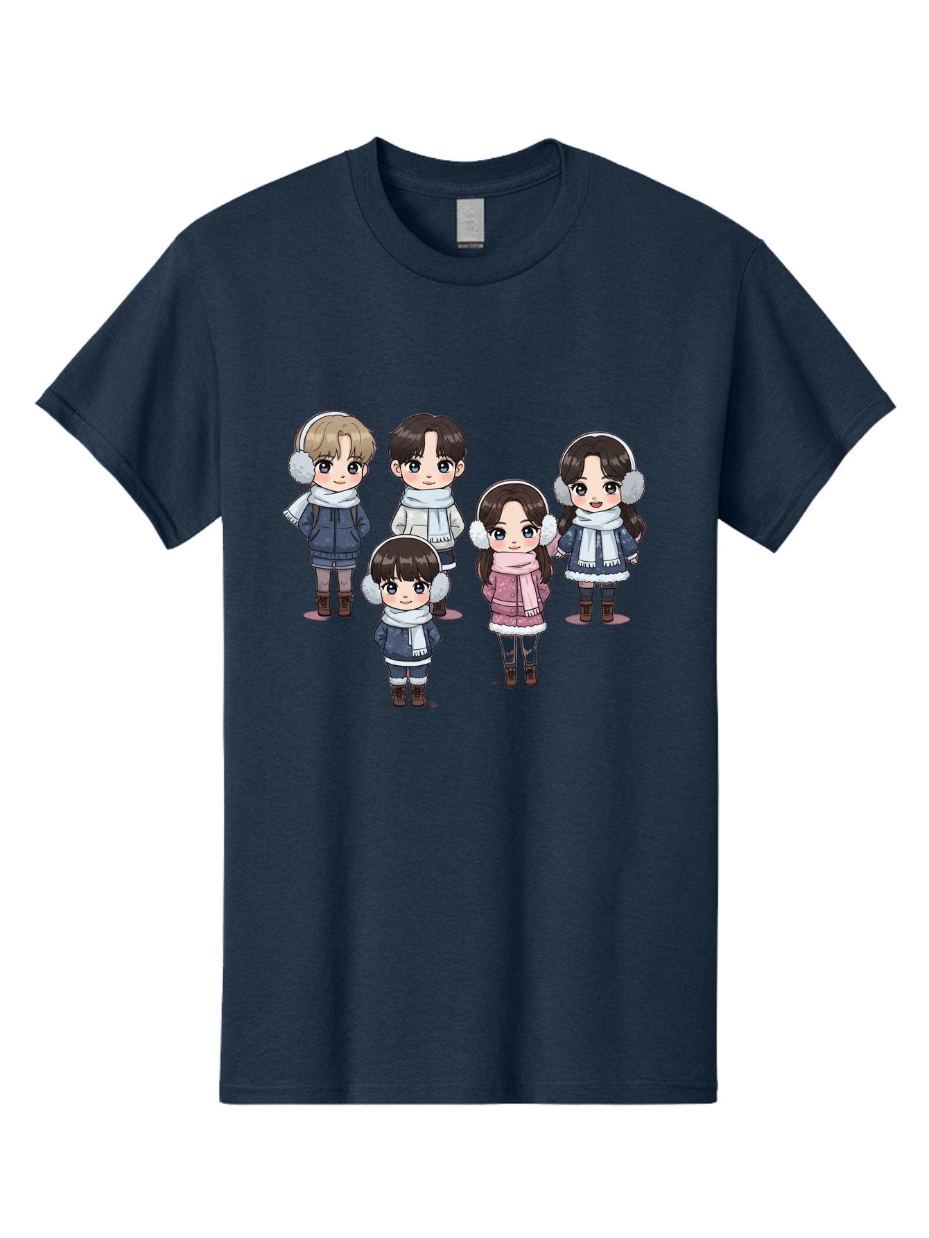 K-Pop-Chibi-Characters Men'S Graphic Tee, 100% Cotton, Comfortable Casual Summer Wear, Machine Washable, Cartoon Children, Winter Clothing, Earmuffs, Scarves, Coats, Boots, Happy Faces, Kawaii Style, Cute Kids, Adorable Characters, Bac089 5