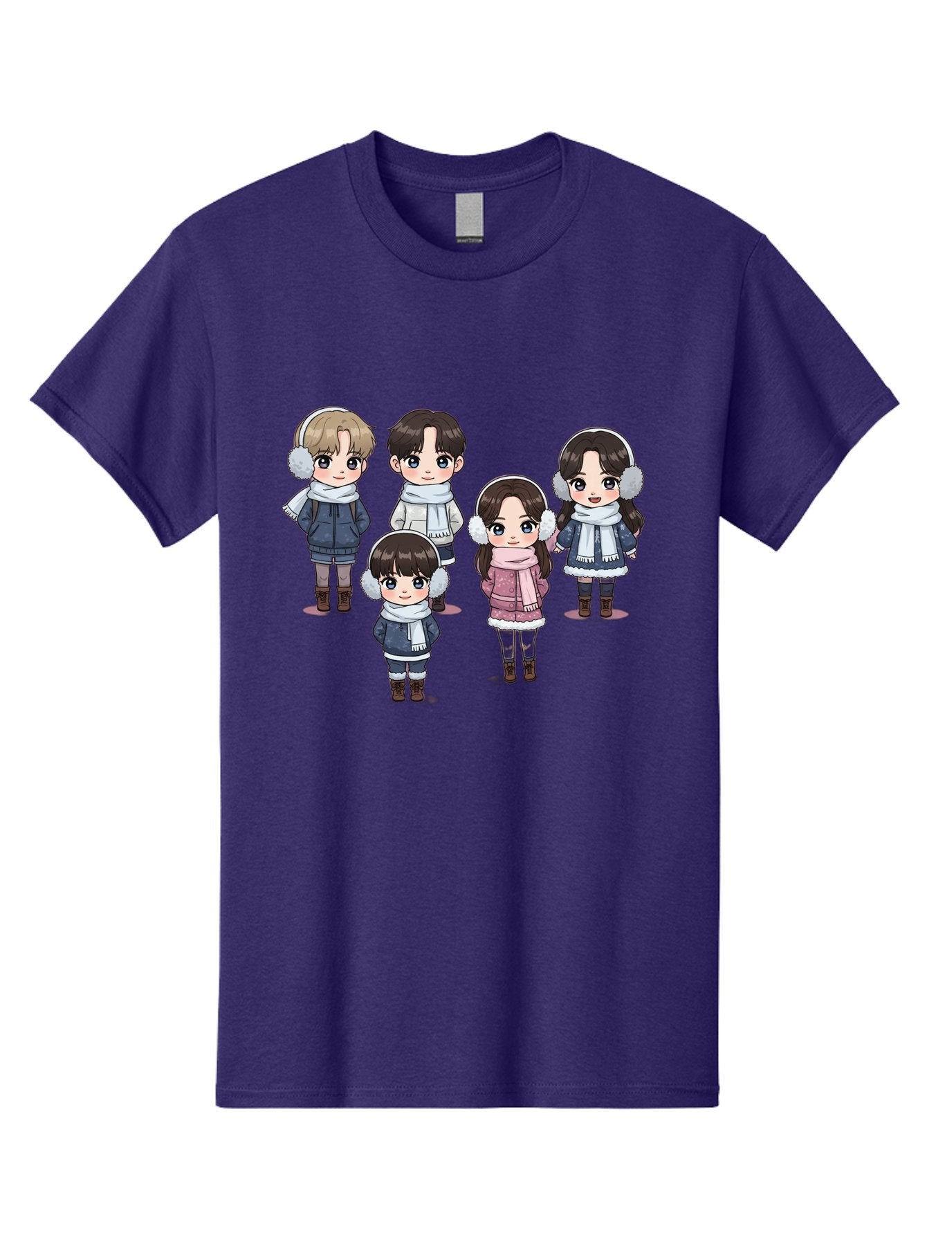 K-Pop-Chibi-Characters Men'S Graphic Tee, 100% Cotton, Comfortable Casual Summer Wear, Machine Washable, Cartoon Children, Winter Clothing, Earmuffs, Scarves, Coats, Boots, Happy Faces, Kawaii Style, Cute Kids, Adorable Characters, Bac089