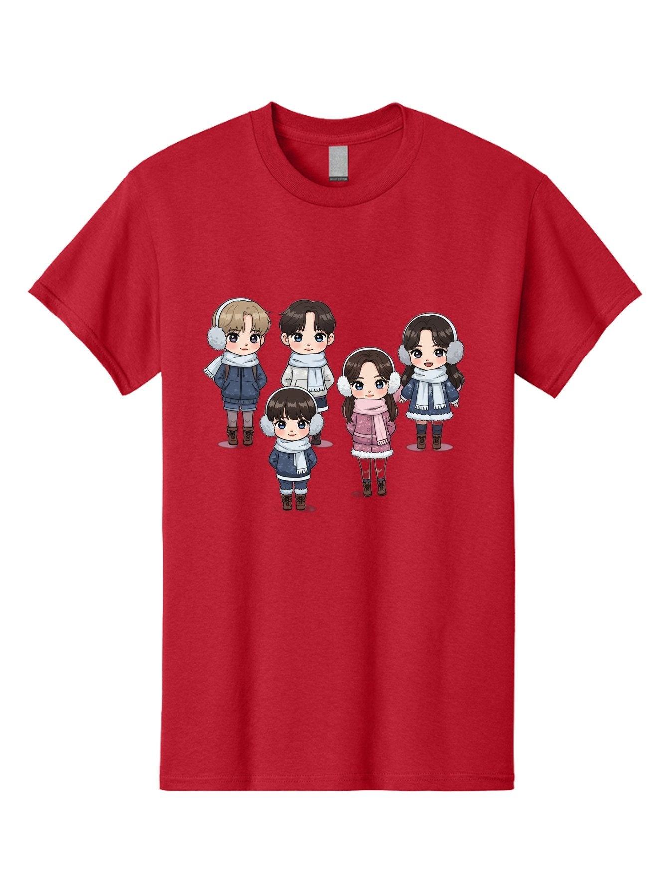 K-Pop-Chibi-Characters Men'S Graphic Tee, 100% Cotton, Comfortable Casual Summer Wear, Machine Washable, Cartoon Children, Winter Clothing, Earmuffs, Scarves, Coats, Boots, Happy Faces, Kawaii Style, Cute Kids, Adorable Characters, Bac089 9