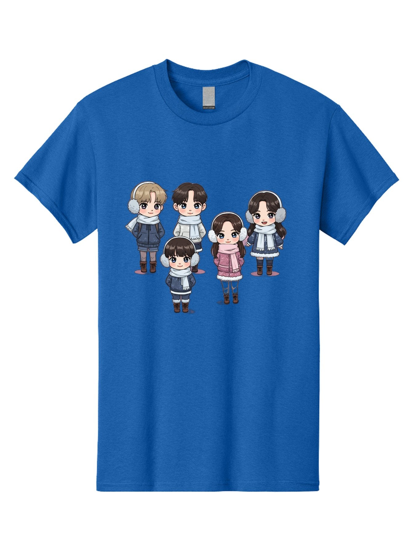 K-Pop-Chibi-Characters Men'S Graphic Tee, 100% Cotton, Comfortable Casual Summer Wear, Machine Washable, Cartoon Children, Winter Clothing, Earmuffs, Scarves, Coats, Boots, Happy Faces, Kawaii Style, Cute Kids, Adorable Characters, Bac089 7