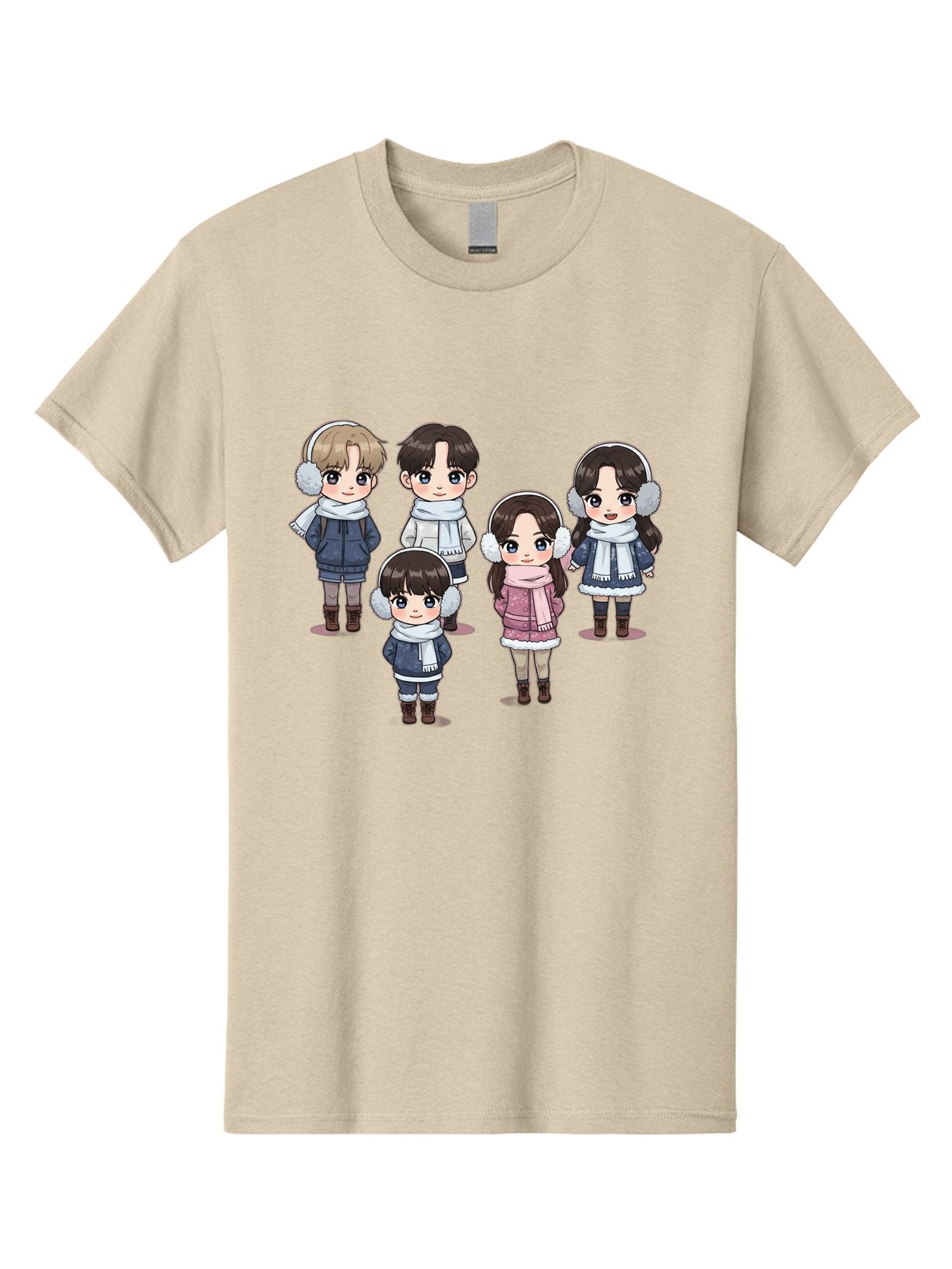 K-Pop-Chibi-Characters Men'S Graphic Tee, 100% Cotton, Comfortable Casual Summer Wear, Machine Washable, Cartoon Children, Winter Clothing, Earmuffs, Scarves, Coats, Boots, Happy Faces, Kawaii Style, Cute Kids, Adorable Characters, Bac089 12