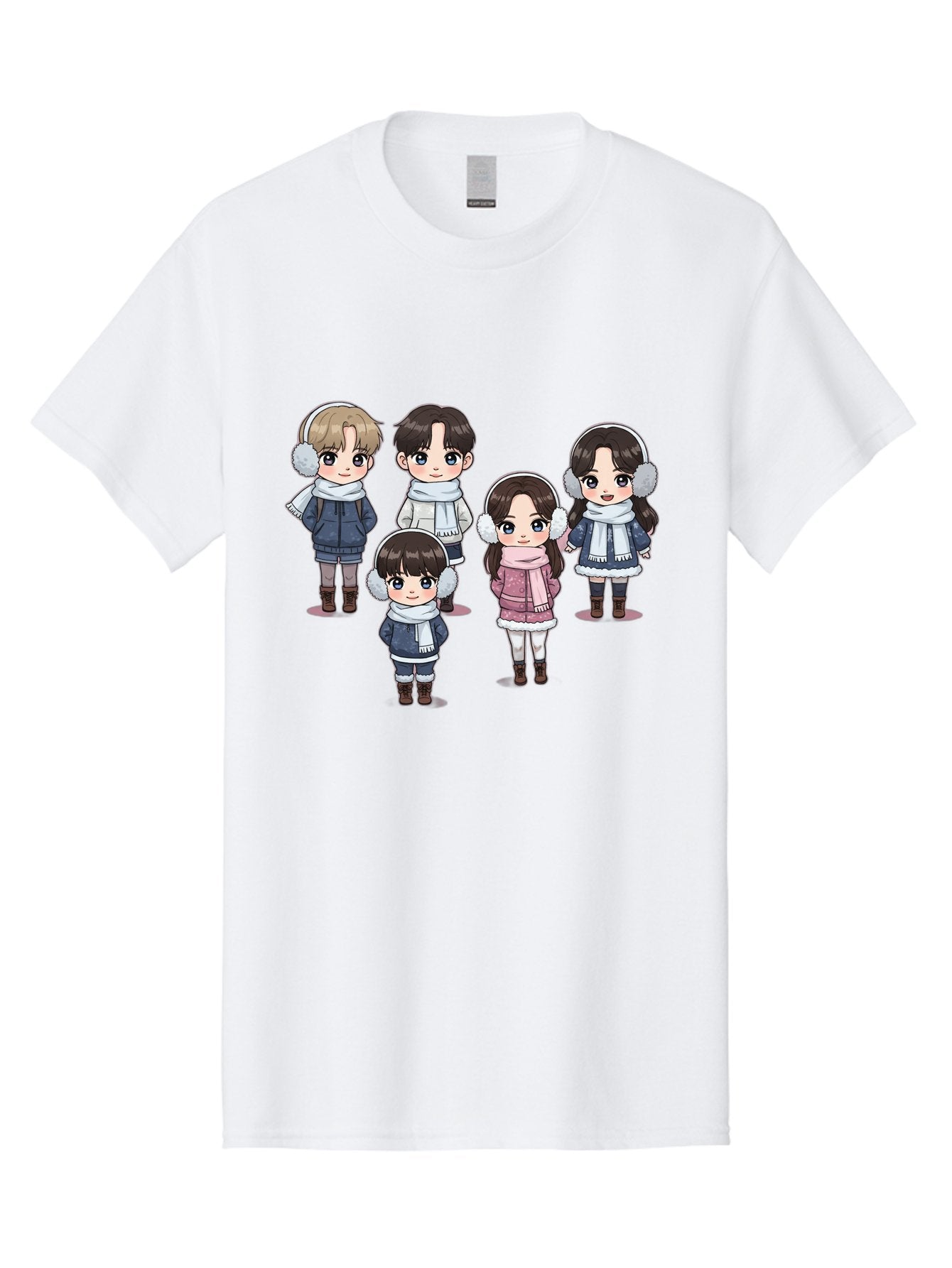K-Pop-Chibi-Characters Men'S Graphic Tee, 100% Cotton, Comfortable Casual Summer Wear, Machine Washable, Cartoon Children, Winter Clothing, Earmuffs, Scarves, Coats, Boots, Happy Faces, Kawaii Style, Cute Kids, Adorable Characters, Bac089 8