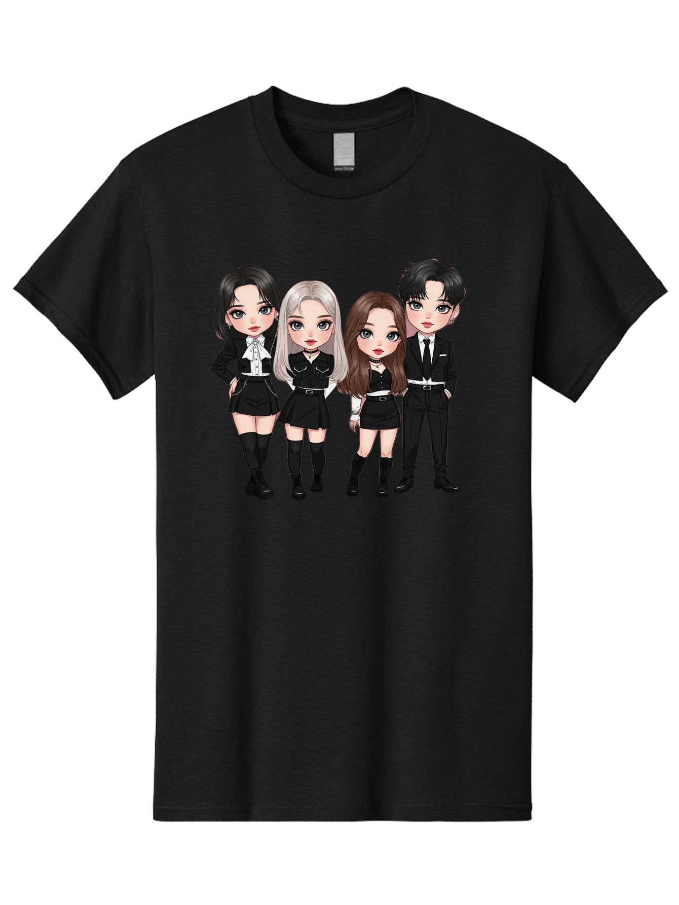 K-Pop-Group-1 Men'S Graphic Tee, 100% Cotton, Comfortable Casual Summer Wear, Machine Washable, K-Pop Group, Cartoon Characters, Black And White Outfits, Stylish Hairstyles, Confident Poses, Modern Fashion, Pop Culture Icons, Youth Culture, Bac090 12