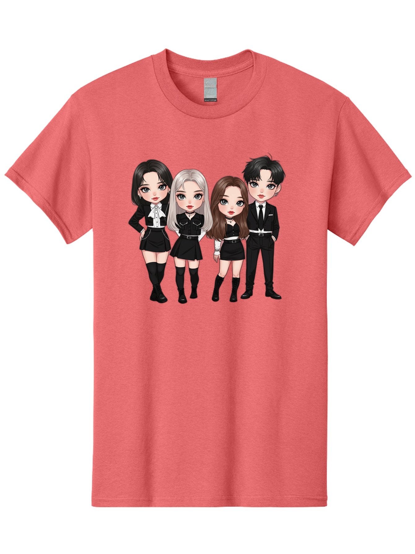 K-Pop-Group-1 Men'S Graphic Tee, 100% Cotton, Comfortable Casual Summer Wear, Machine Washable, K-Pop Group, Cartoon Characters, Black And White Outfits, Stylish Hairstyles, Confident Poses, Modern Fashion, Pop Culture Icons, Youth Culture, Bac090 14
