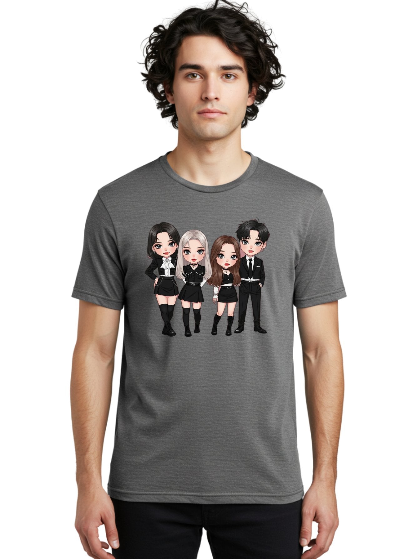 K-Pop-Group-1 Men'S Graphic Tee, 100% Cotton, Comfortable Casual Summer Wear, Machine Washable, K-Pop Group, Cartoon Characters, Black And White Outfits, Stylish Hairstyles, Confident Poses, Modern Fashion, Pop Culture Icons, Youth Culture, Bac090 22