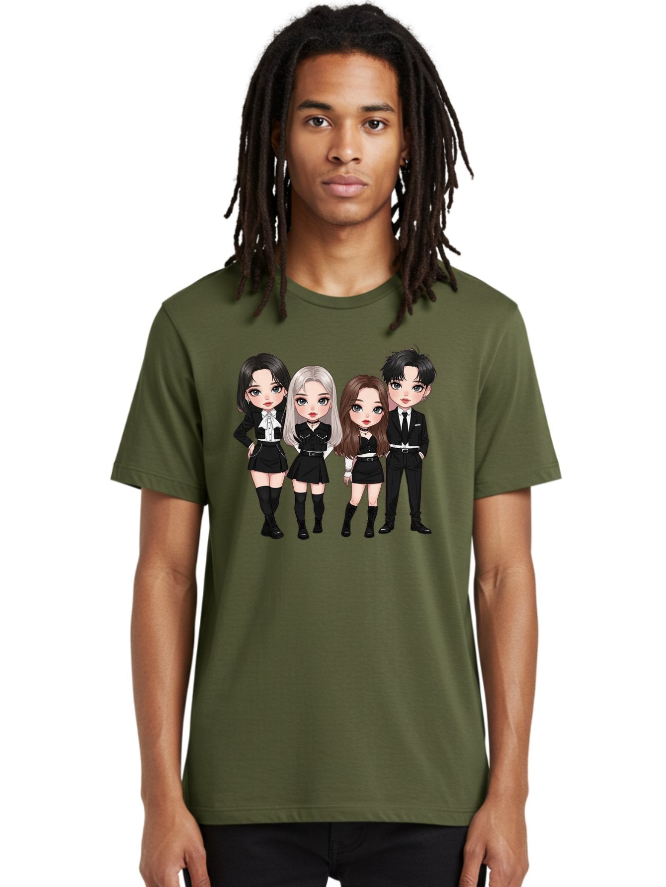 K-Pop-Group-1 Men'S Graphic Tee, 100% Cotton, Comfortable Casual Summer Wear, Machine Washable, K-Pop Group, Cartoon Characters, Black And White Outfits, Stylish Hairstyles, Confident Poses, Modern Fashion, Pop Culture Icons, Youth Culture, Bac090 16