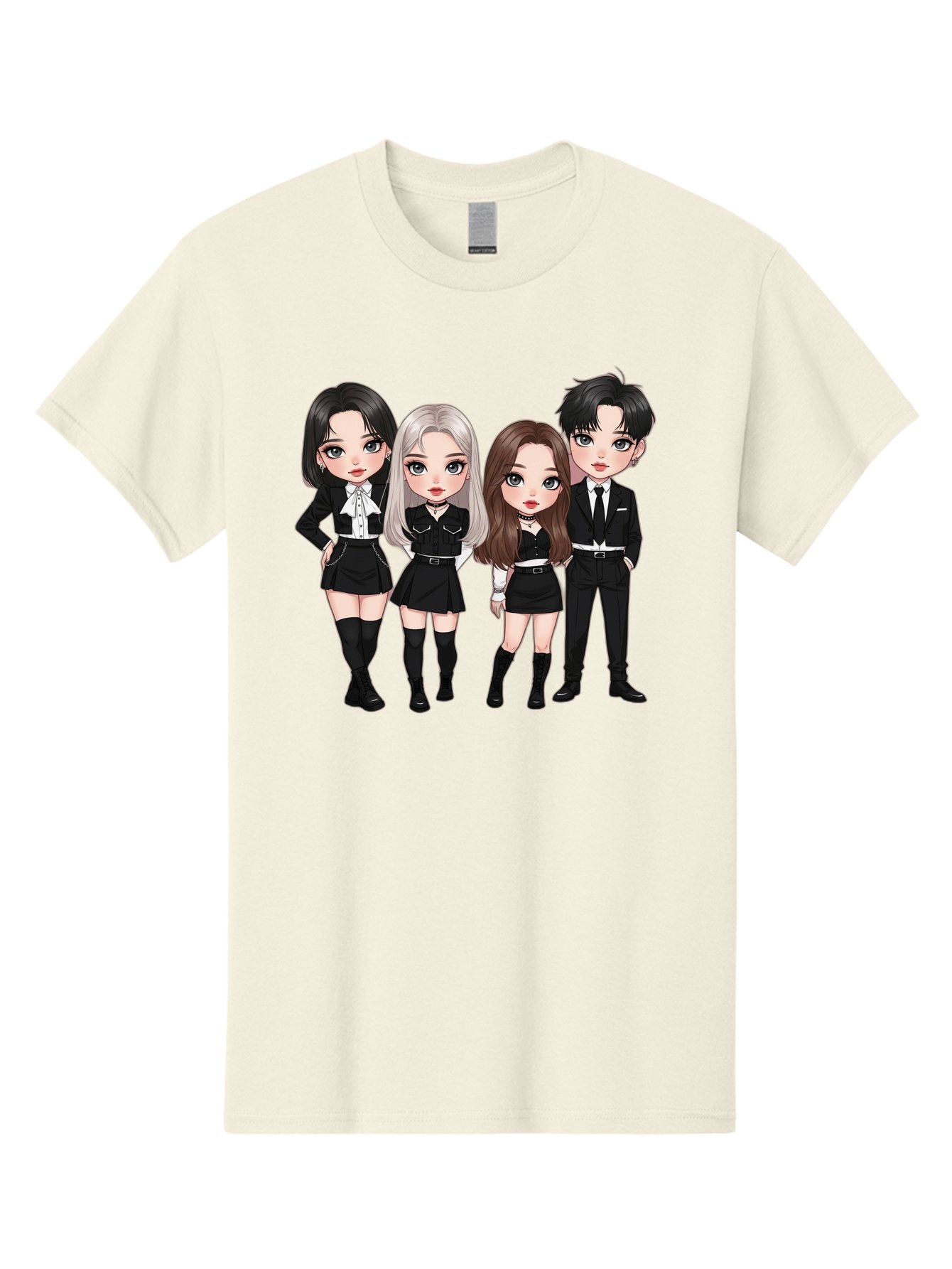 K-Pop-Group-1 Men'S Graphic Tee, 100% Cotton, Comfortable Casual Summer Wear, Machine Washable, K-Pop Group, Cartoon Characters, Black And White Outfits, Stylish Hairstyles, Confident Poses, Modern Fashion, Pop Culture Icons, Youth Culture, Bac090 6