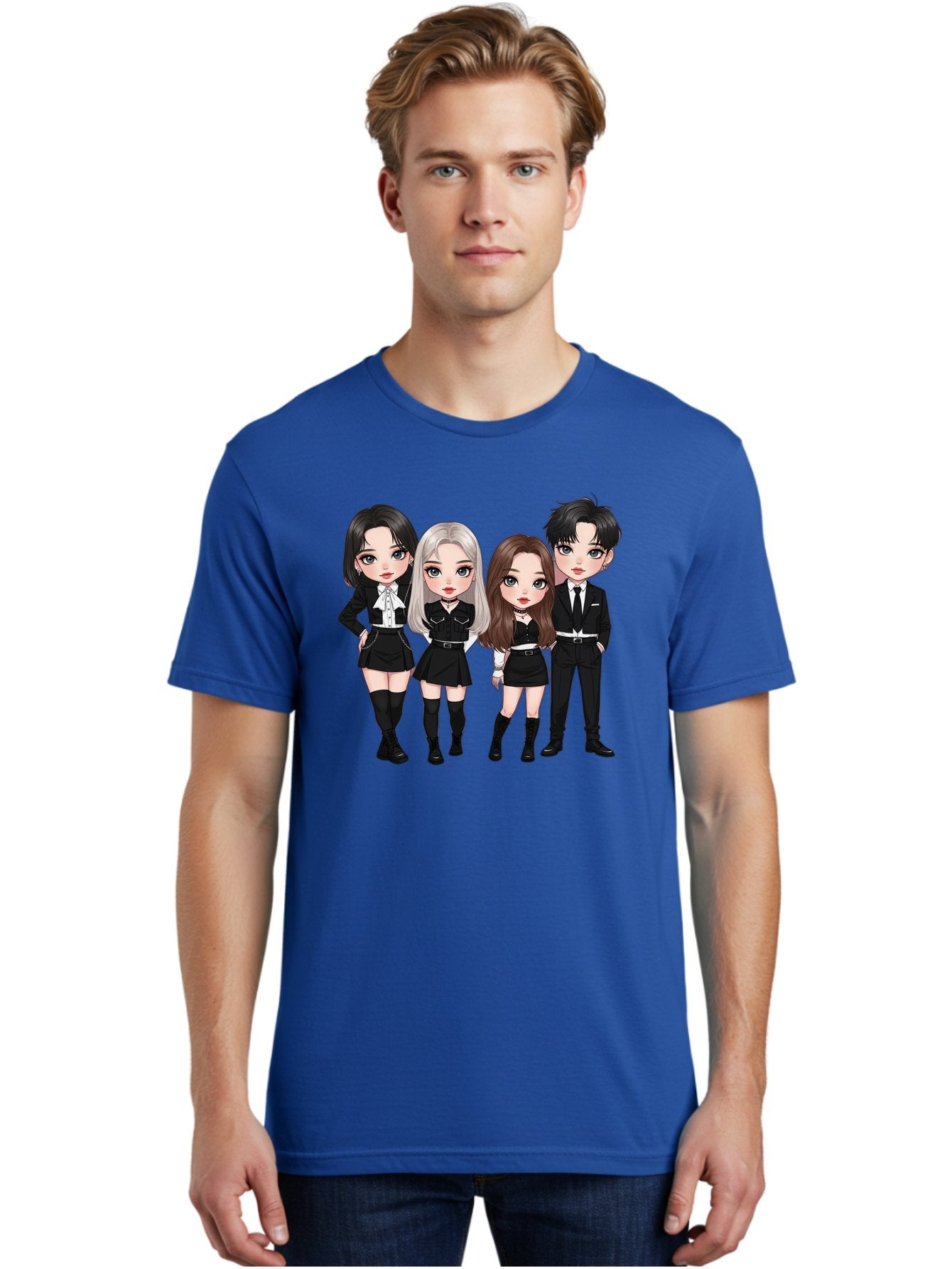 K-Pop-Group-1 Men'S Graphic Tee, 100% Cotton, Comfortable Casual Summer Wear, Machine Washable, K-Pop Group, Cartoon Characters, Black And White Outfits, Stylish Hairstyles, Confident Poses, Modern Fashion, Pop Culture Icons, Youth Culture, Bac090 19