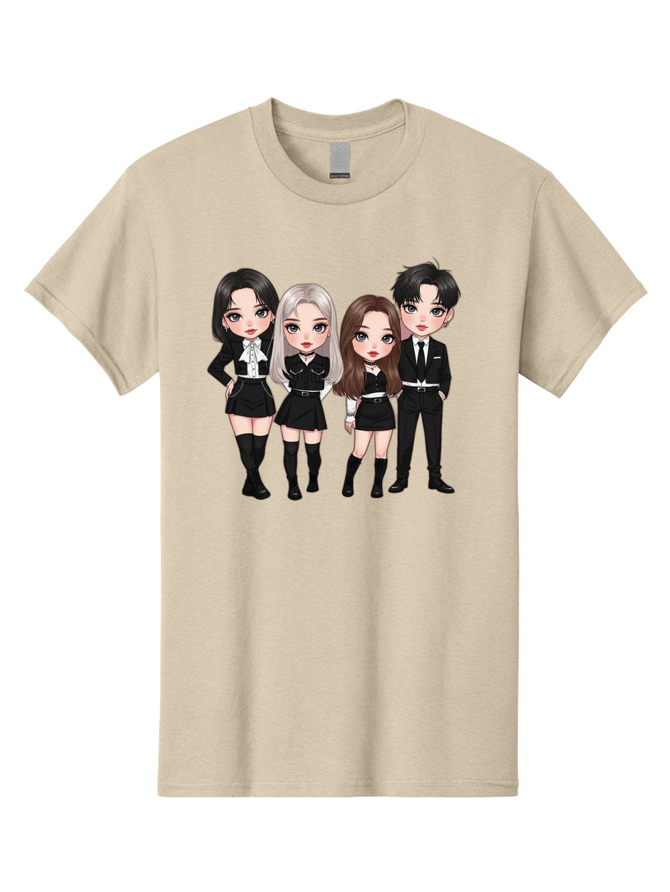 K-Pop-Group-1 Men'S Graphic Tee, 100% Cotton, Comfortable Casual Summer Wear, Machine Washable, K-Pop Group, Cartoon Characters, Black And White Outfits, Stylish Hairstyles, Confident Poses, Modern Fashion, Pop Culture Icons, Youth Culture, Bac090 11