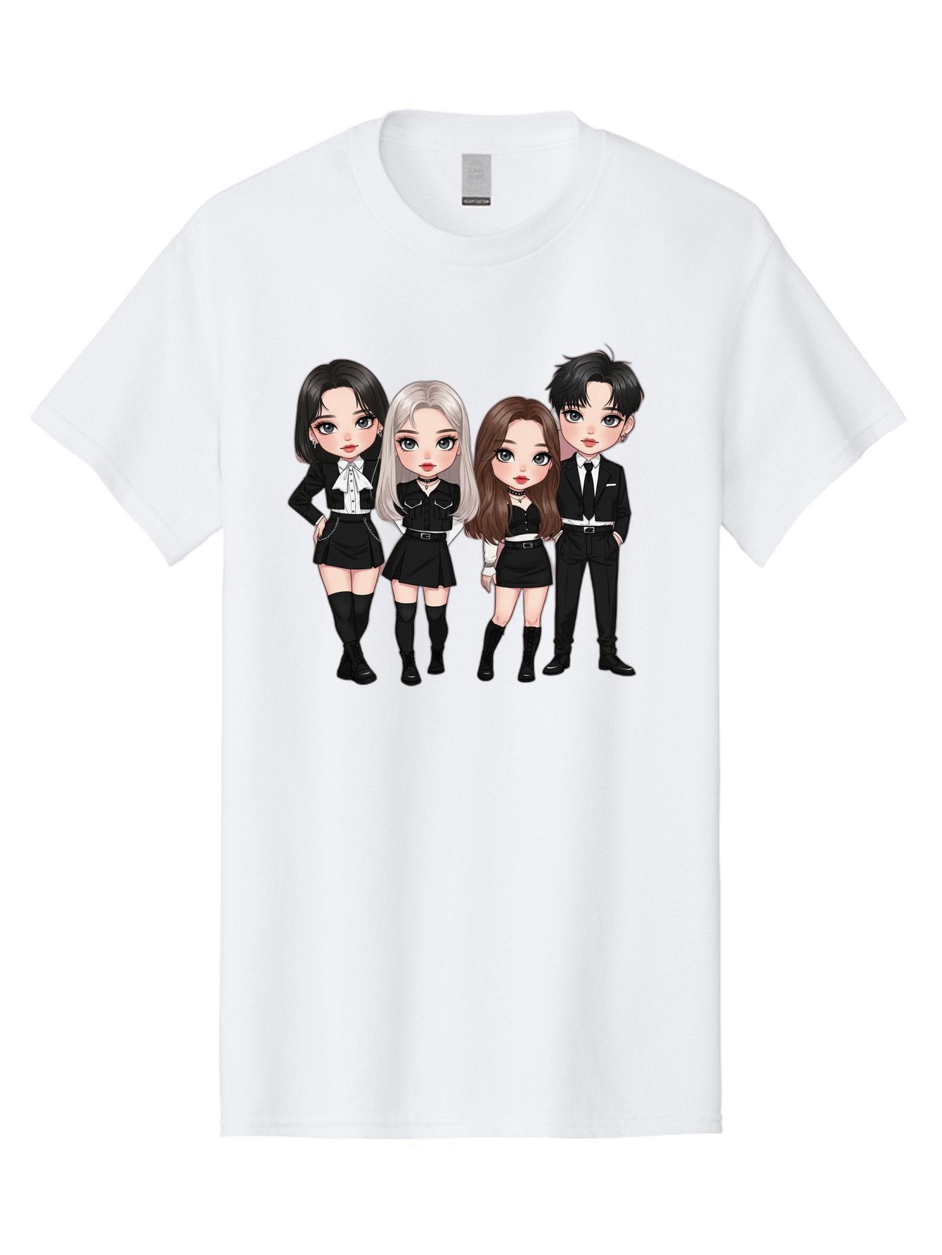 K-Pop-Group-1 Men'S Graphic Tee, 100% Cotton, Comfortable Casual Summer Wear, Machine Washable, K-Pop Group, Cartoon Characters, Black And White Outfits, Stylish Hairstyles, Confident Poses, Modern Fashion, Pop Culture Icons, Youth Culture, Bac090 10