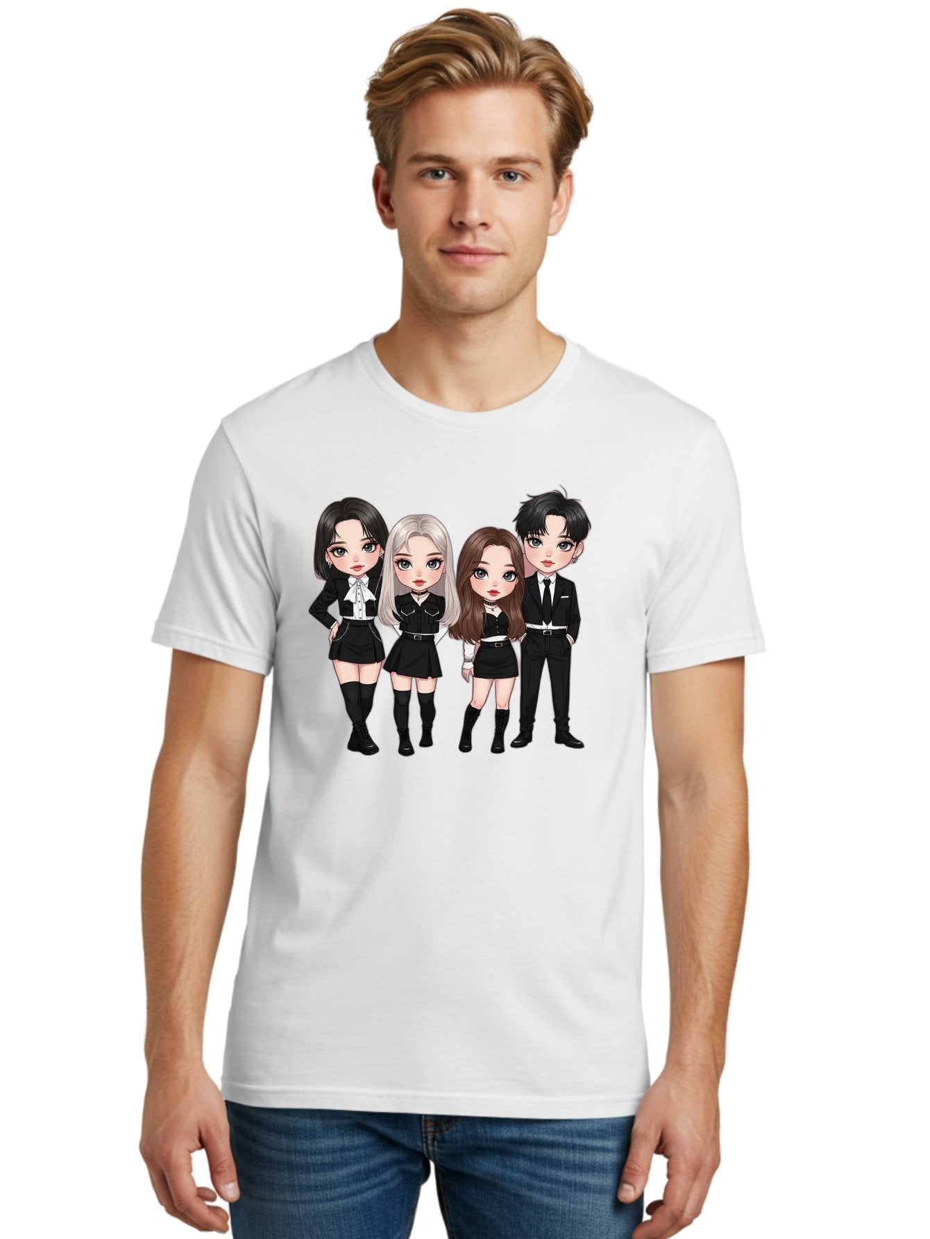 K-Pop-Group-1 Men'S Graphic Tee, 100% Cotton, Comfortable Casual Summer Wear, Machine Washable, K-Pop Group, Cartoon Characters, Black And White Outfits, Stylish Hairstyles, Confident Poses, Modern Fashion, Pop Culture Icons, Youth Culture, Bac090 17