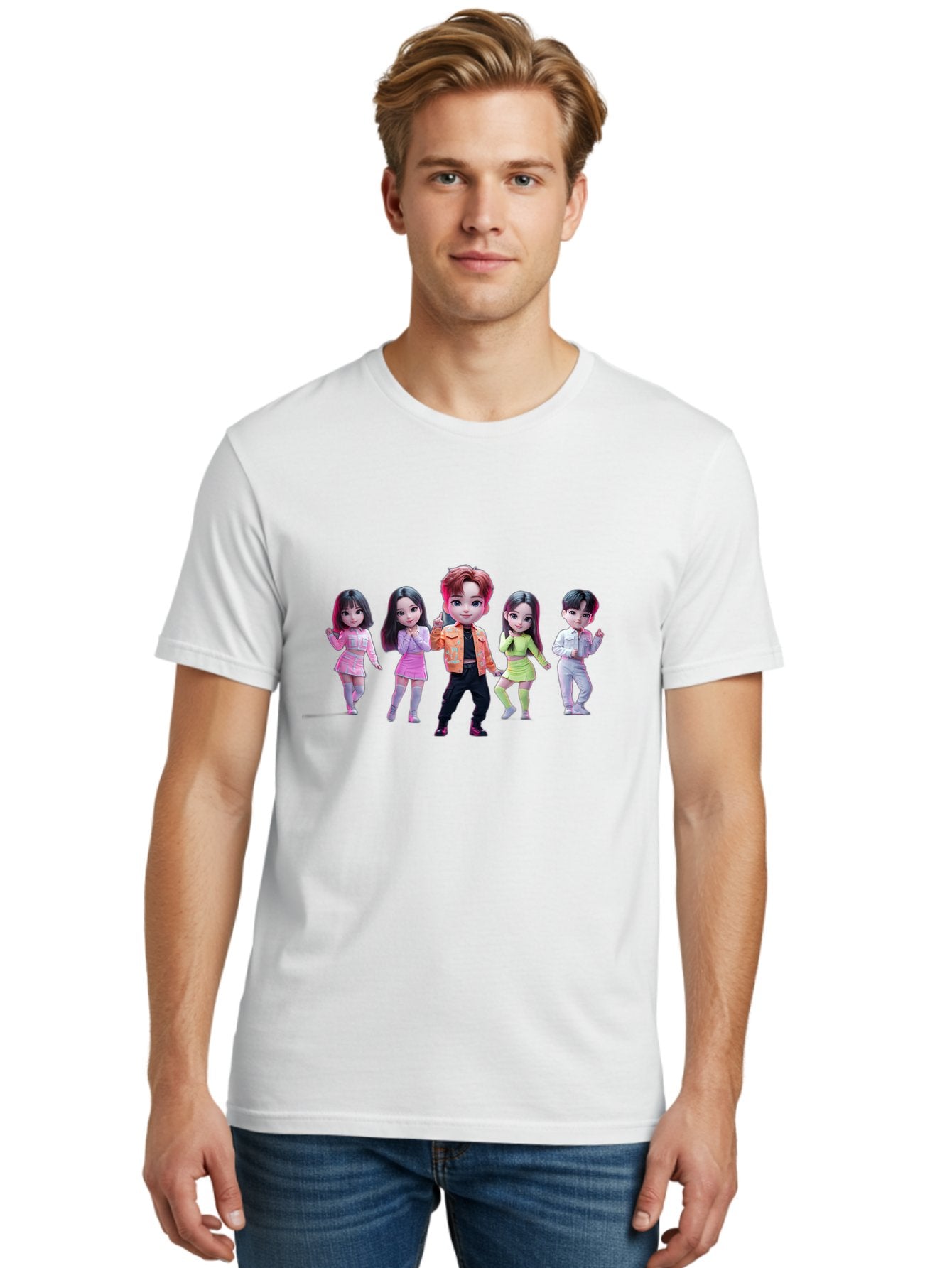 K-Pop-Group-2 Men'S Graphic Tee, 100% Cotton, Comfortable Casual Summer Wear, Machine Washable, K-Pop Idols, Group Of Dancers, Pastel Colors, Fashionable Outfits, Modern Style, Dancing Pose, Kawaii Aesthetic, Idol Culture, Pop Culture Bac091 23