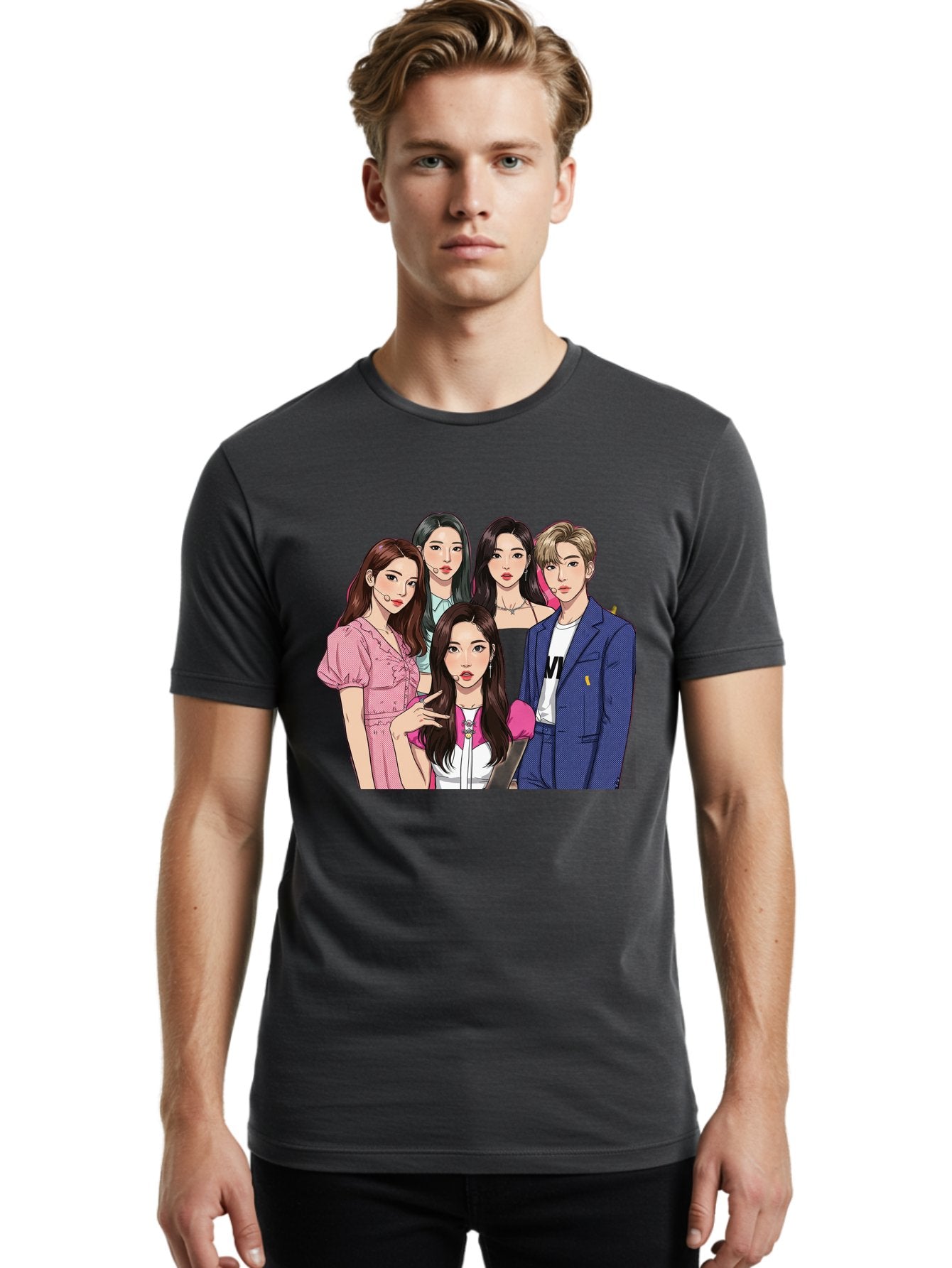 K-Pop-Group-3 Men'S Graphic Tee, 100% Cotton, Comfortable Casual Summer Wear, Machine Washable, K-Pop Idols, Fashion Illustration, Group Portrait, Stylish Clothing, Modern Pop Culture, Young Adults, Trendy Hairstyles, Pop Art Style, Bac092 22