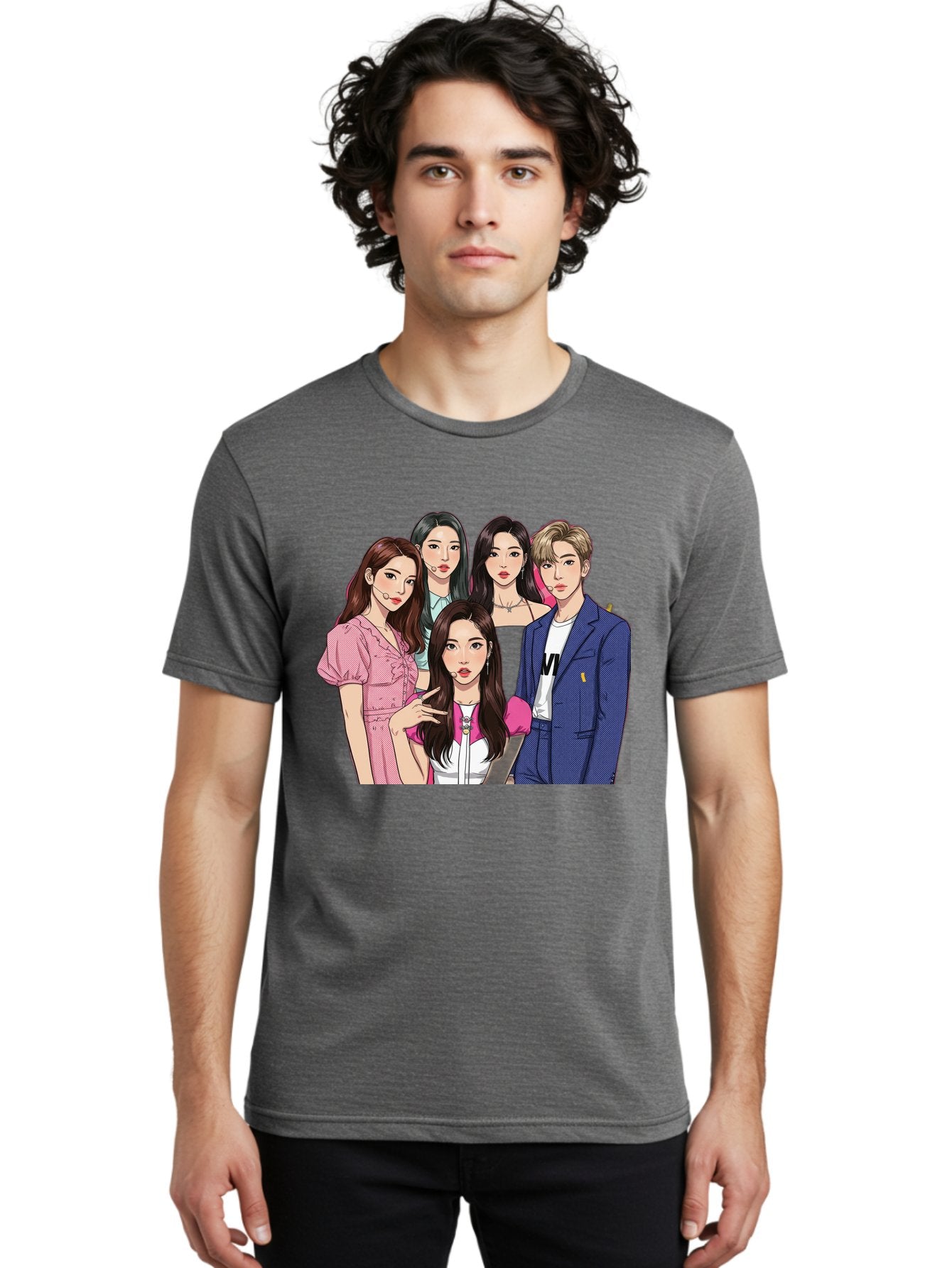 K-Pop-Group-3 Men'S Graphic Tee, 100% Cotton, Comfortable Casual Summer Wear, Machine Washable, K-Pop Idols, Fashion Illustration, Group Portrait, Stylish Clothing, Modern Pop Culture, Young Adults, Trendy Hairstyles, Pop Art Style, Bac092 27