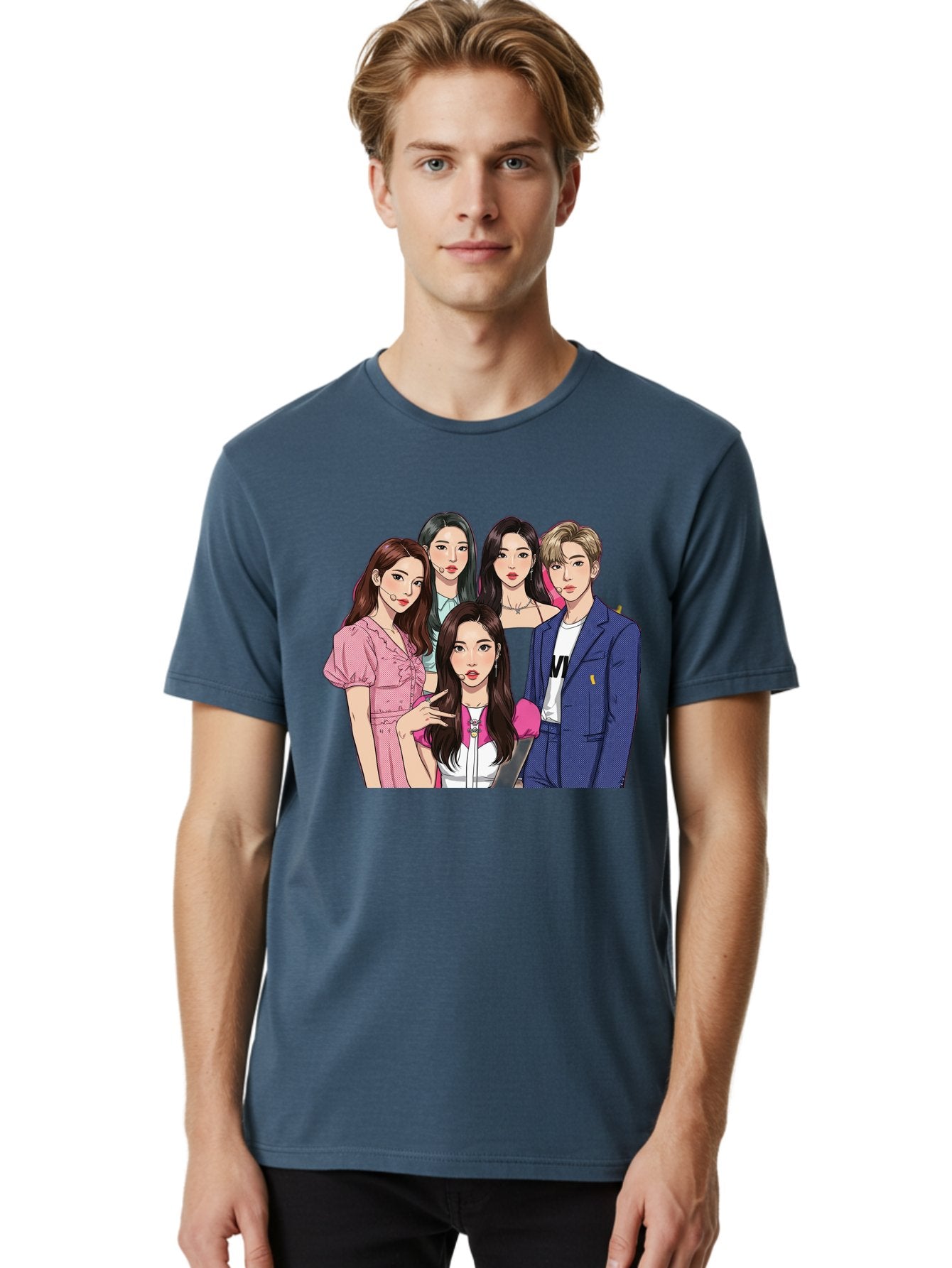 K-Pop-Group-3 Men'S Graphic Tee, 100% Cotton, Comfortable Casual Summer Wear, Machine Washable, K-Pop Idols, Fashion Illustration, Group Portrait, Stylish Clothing, Modern Pop Culture, Young Adults, Trendy Hairstyles, Pop Art Style, Bac092 23