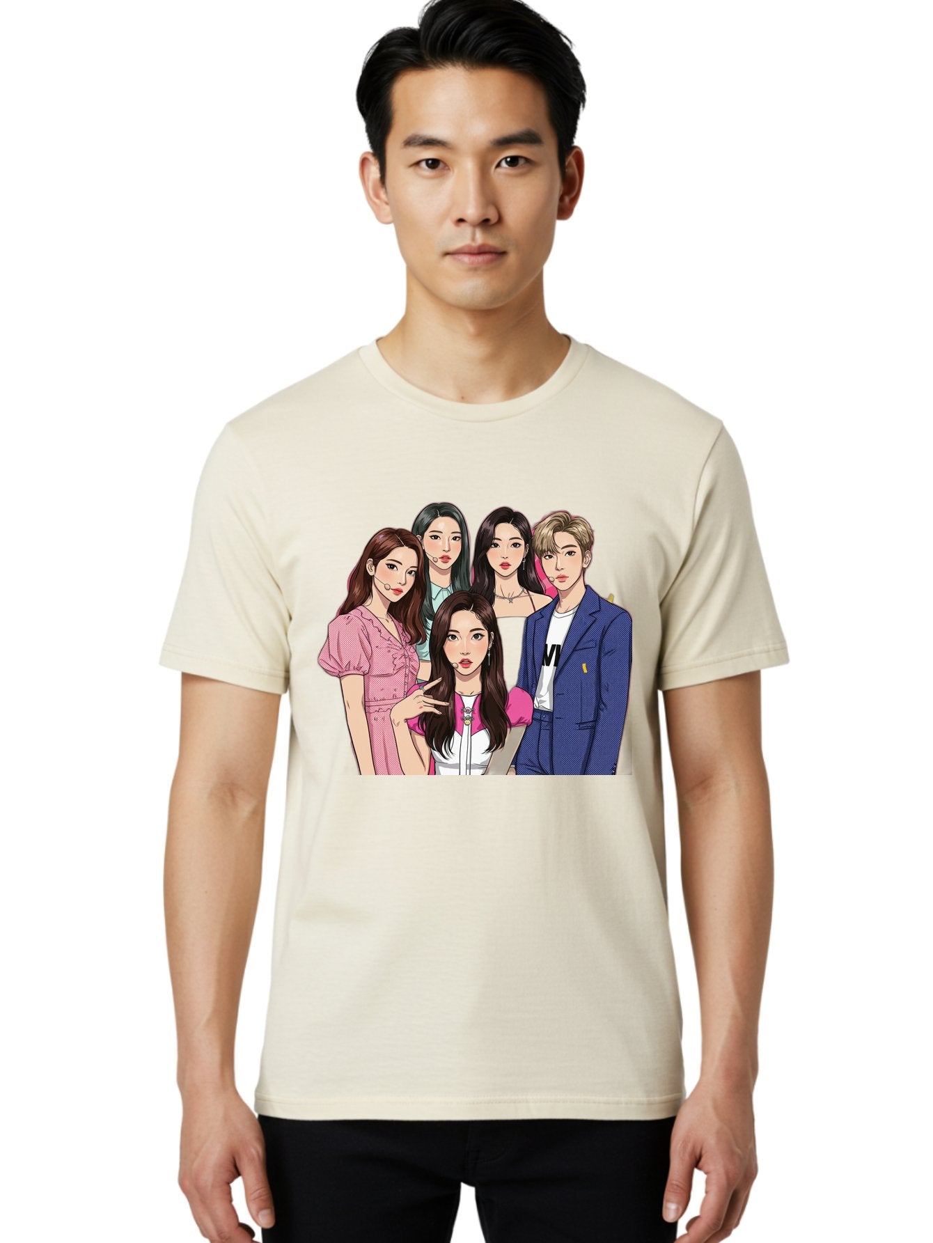 K-Pop-Group-3 Men'S Graphic Tee, 100% Cotton, Comfortable Casual Summer Wear, Machine Washable, K-Pop Idols, Fashion Illustration, Group Portrait, Stylish Clothing, Modern Pop Culture, Young Adults, Trendy Hairstyles, Pop Art Style, Bac092 20