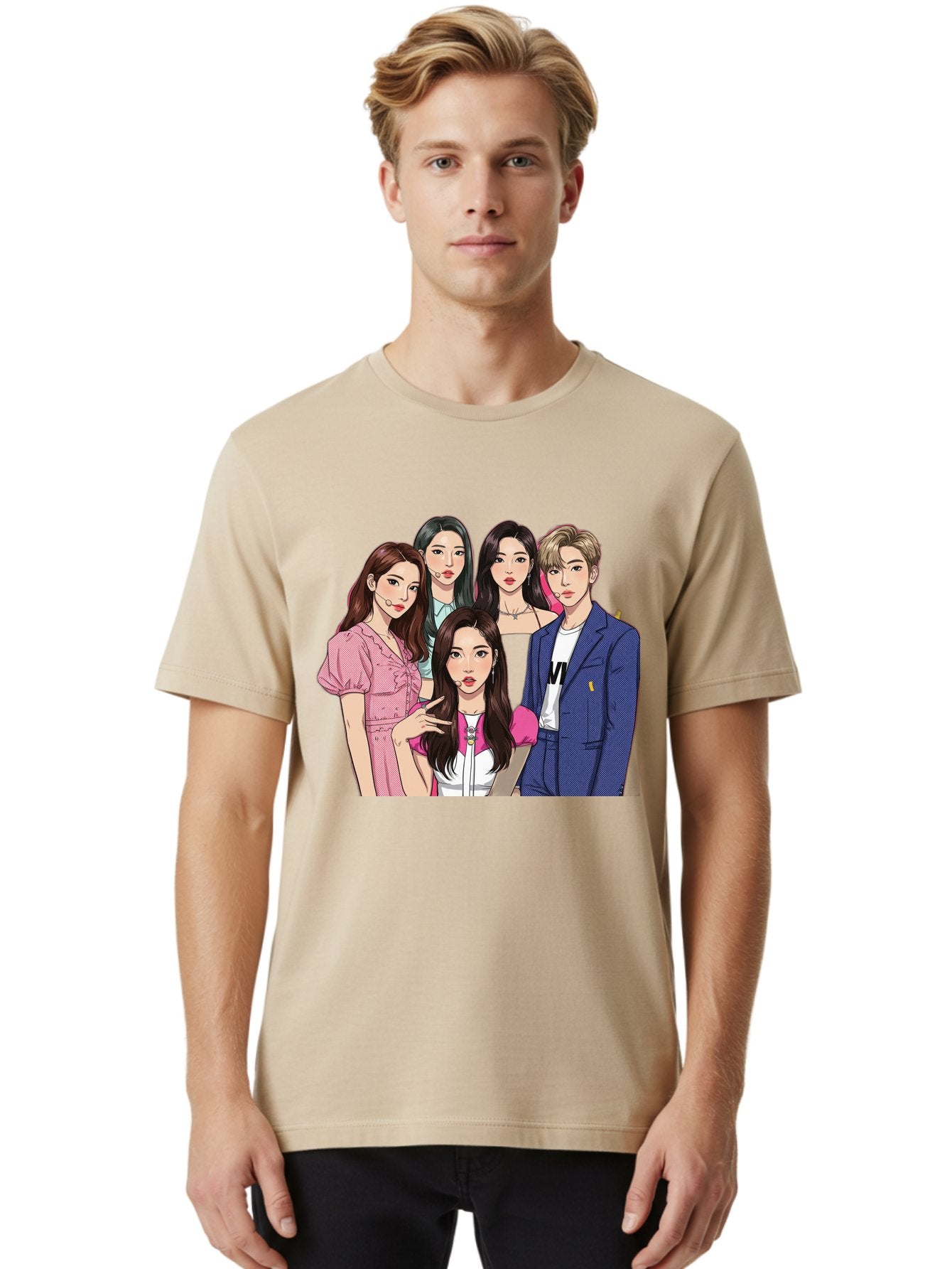 K-Pop-Group-3 Men'S Graphic Tee, 100% Cotton, Comfortable Casual Summer Wear, Machine Washable, K-Pop Idols, Fashion Illustration, Group Portrait, Stylish Clothing, Modern Pop Culture, Young Adults, Trendy Hairstyles, Pop Art Style, Bac092 17