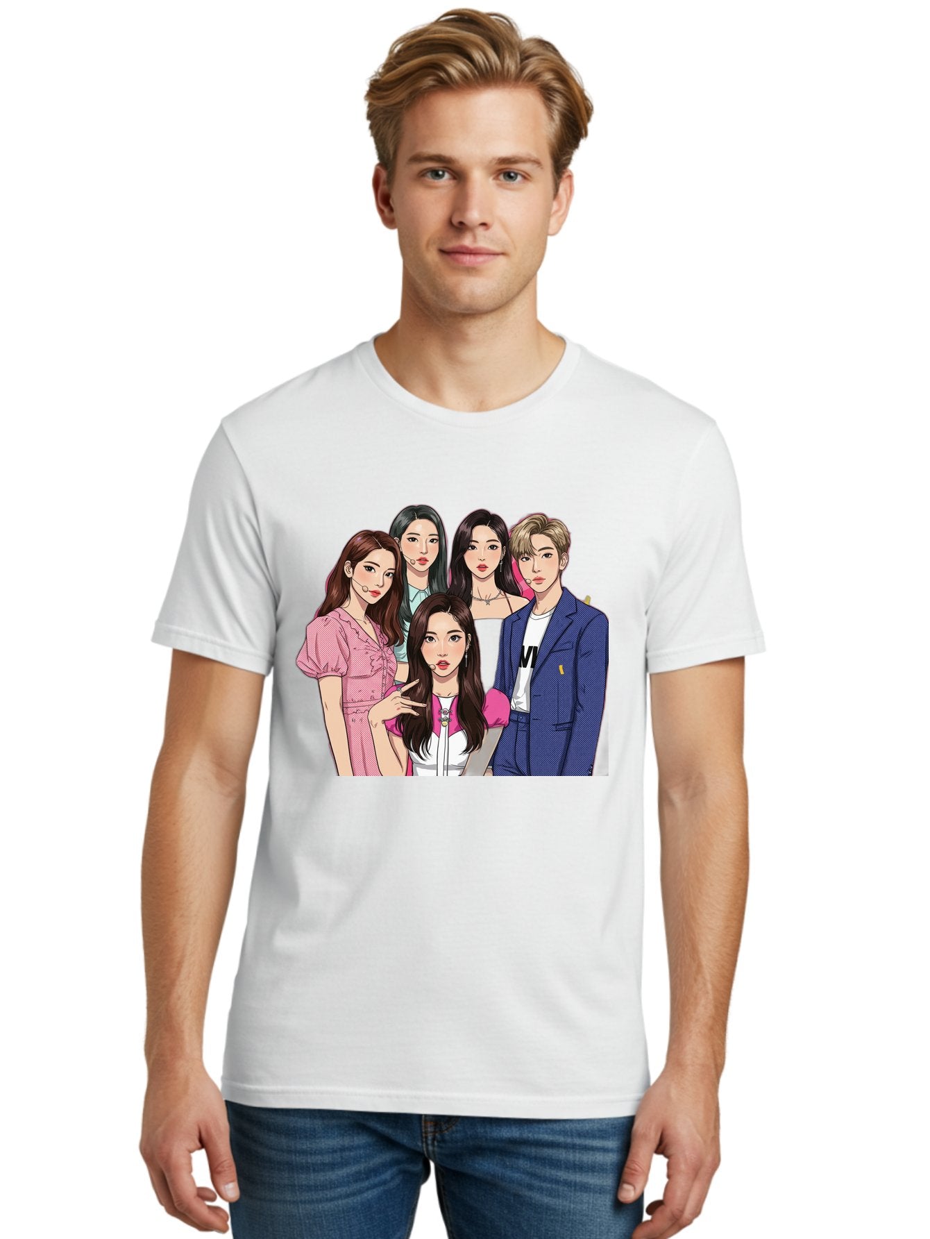 K-Pop-Group-3 Men'S Graphic Tee, 100% Cotton, Comfortable Casual Summer Wear, Machine Washable, K-Pop Idols, Fashion Illustration, Group Portrait, Stylish Clothing, Modern Pop Culture, Young Adults, Trendy Hairstyles, Pop Art Style, Bac092 28