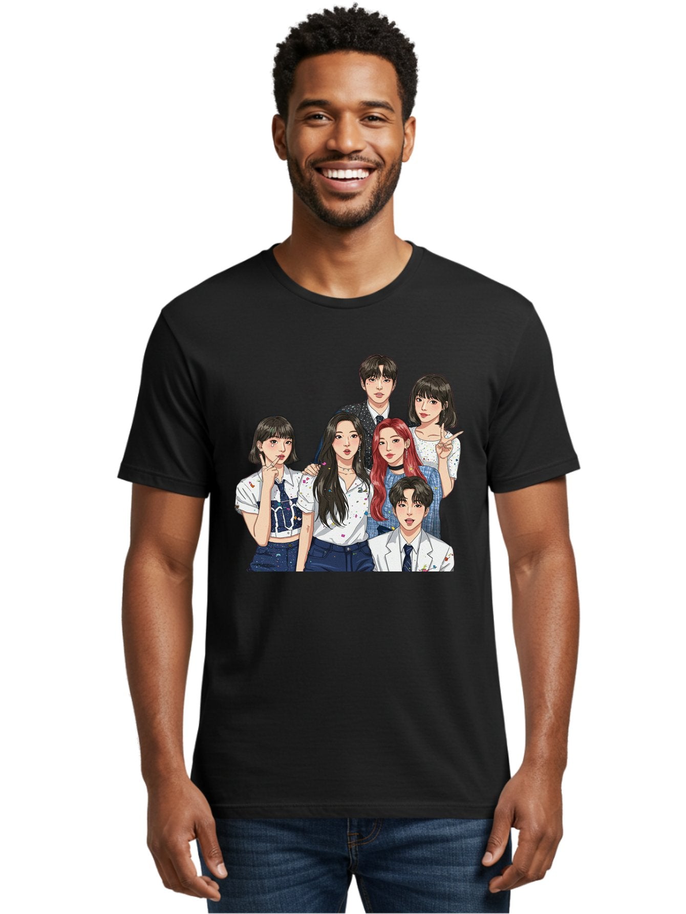 K-Pop-Group-4 Men'S Graphic Tee, 100% Cotton, Comfortable Casual Summer Wear, Machine Washable, K-Pop Group Illustration, Young Idols, Fashion Style, Casual Wear, Formal Wear, Colorful Hair, Pop Culture, Entertainment Industry, Group Portrait, Bac093 18