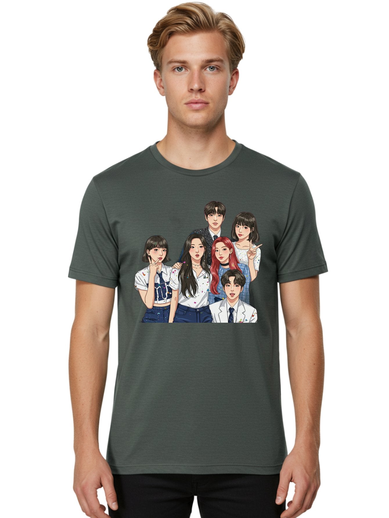 K-Pop-Group-4 Men'S Graphic Tee, 100% Cotton, Comfortable Casual Summer Wear, Machine Washable, K-Pop Group Illustration, Young Idols, Fashion Style, Casual Wear, Formal Wear, Colorful Hair, Pop Culture, Entertainment Industry, Group Portrait, Bac093 26