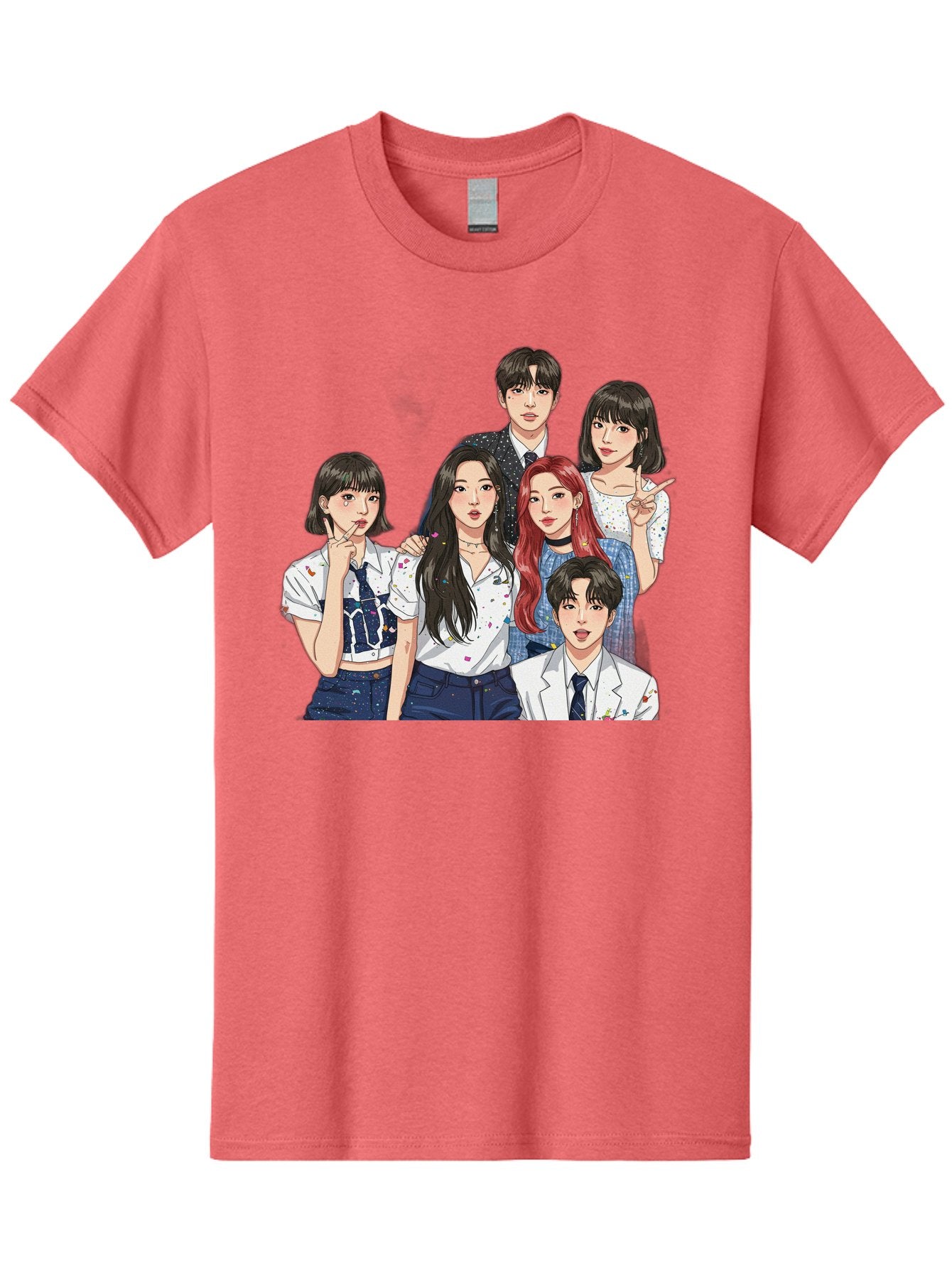 K-Pop-Group-4 Men'S Graphic Tee, 100% Cotton, Comfortable Casual Summer Wear, Machine Washable, K-Pop Group Illustration, Young Idols, Fashion Style, Casual Wear, Formal Wear, Colorful Hair, Pop Culture, Entertainment Industry, Group Portrait, Bac093 13