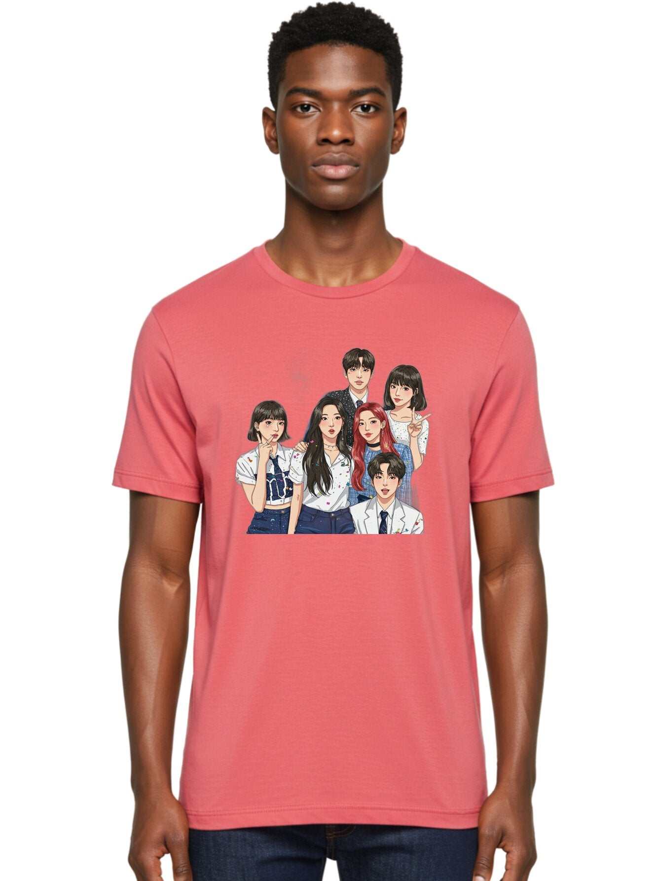 K-Pop-Group-4 Men'S Graphic Tee, 100% Cotton, Comfortable Casual Summer Wear, Machine Washable, K-Pop Group Illustration, Young Idols, Fashion Style, Casual Wear, Formal Wear, Colorful Hair, Pop Culture, Entertainment Industry, Group Portrait, Bac093 20