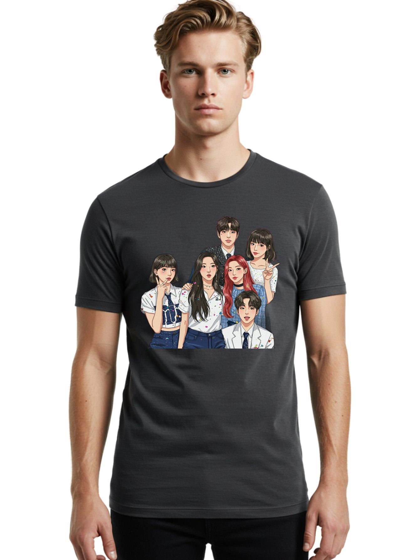 K-Pop-Group-4 Men'S Graphic Tee, 100% Cotton, Comfortable Casual Summer Wear, Machine Washable, K-Pop Group Illustration, Young Idols, Fashion Style, Casual Wear, Formal Wear, Colorful Hair, Pop Culture, Entertainment Industry, Group Portrait, Bac093 23