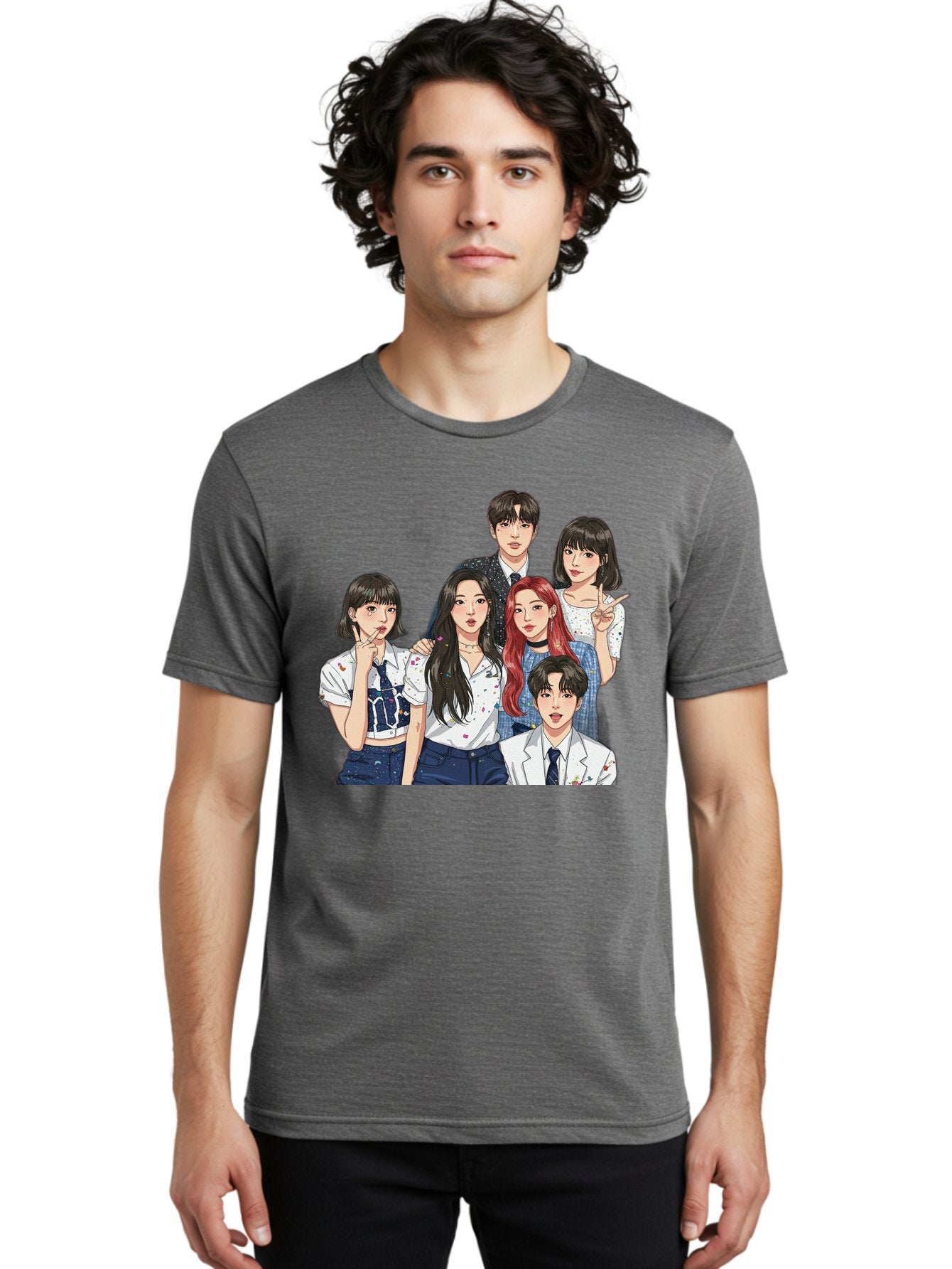 K-Pop-Group-4 Men'S Graphic Tee, 100% Cotton, Comfortable Casual Summer Wear, Machine Washable, K-Pop Group Illustration, Young Idols, Fashion Style, Casual Wear, Formal Wear, Colorful Hair, Pop Culture, Entertainment Industry, Group Portrait, Bac093 19