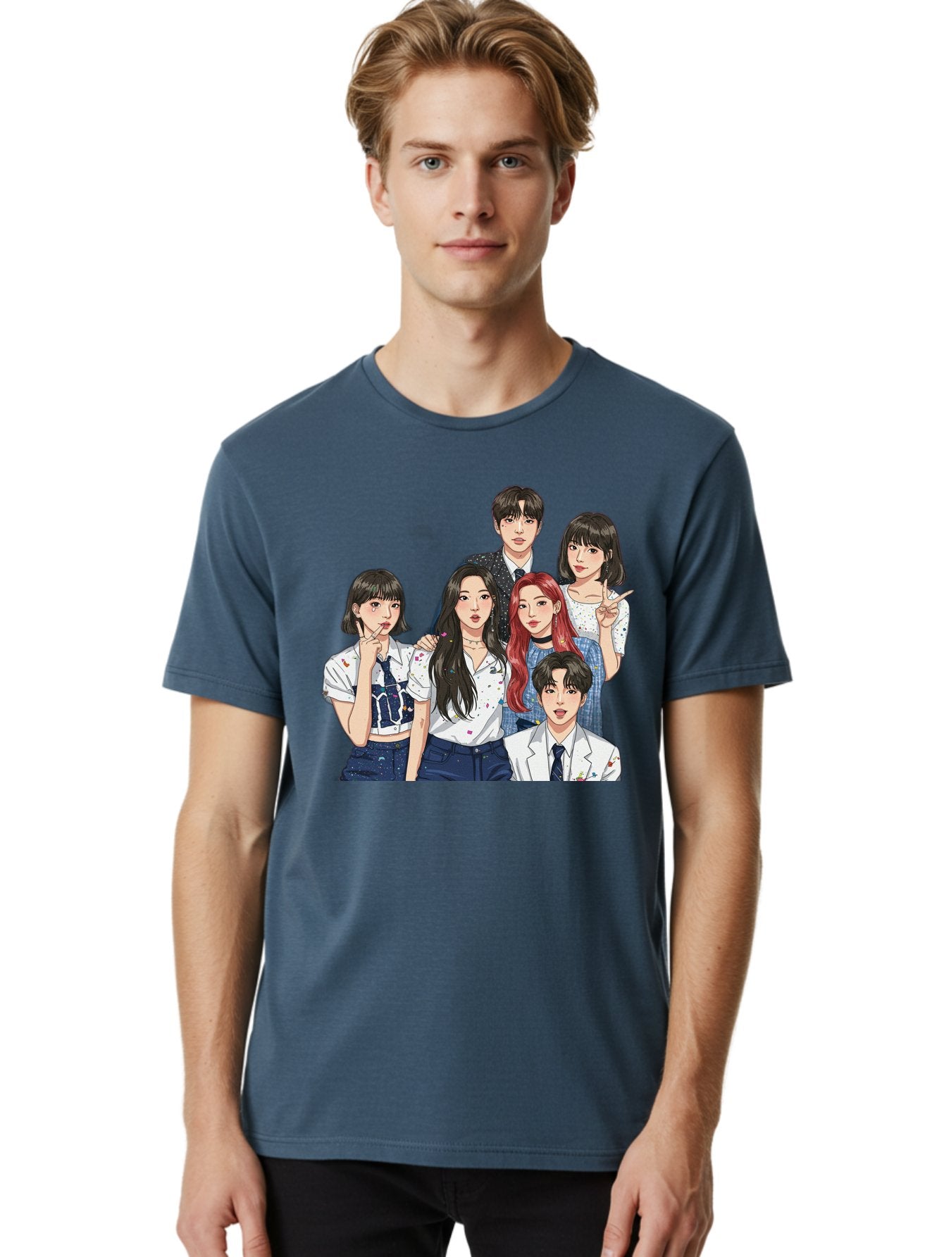 K-Pop-Group-4 Men'S Graphic Tee, 100% Cotton, Comfortable Casual Summer Wear, Machine Washable, K-Pop Group Illustration, Young Idols, Fashion Style, Casual Wear, Formal Wear, Colorful Hair, Pop Culture, Entertainment Industry, Group Portrait, Bac093 17