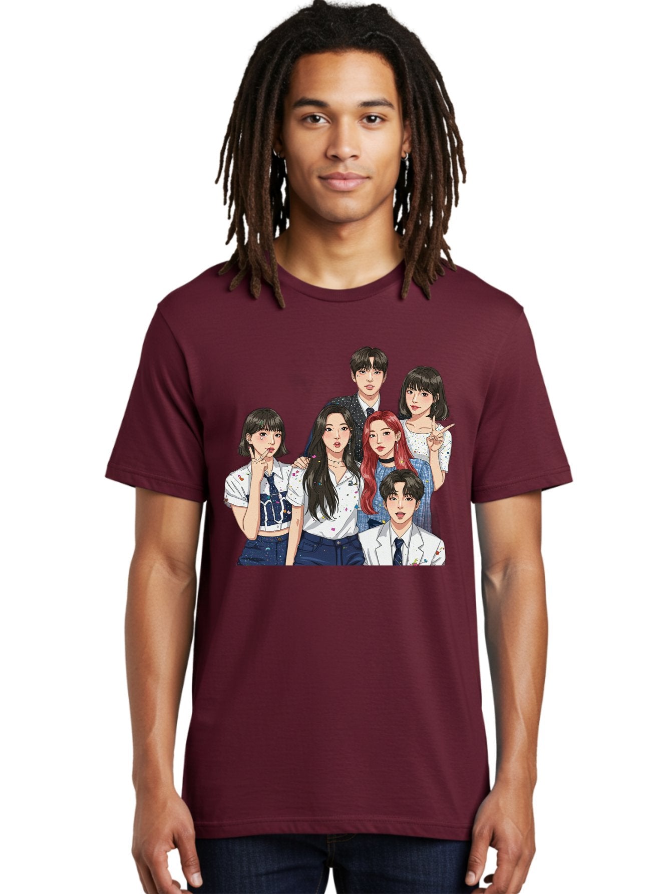 K-Pop-Group-4 Men'S Graphic Tee, 100% Cotton, Comfortable Casual Summer Wear, Machine Washable, K-Pop Group Illustration, Young Idols, Fashion Style, Casual Wear, Formal Wear, Colorful Hair, Pop Culture, Entertainment Industry, Group Portrait, Bac093 24