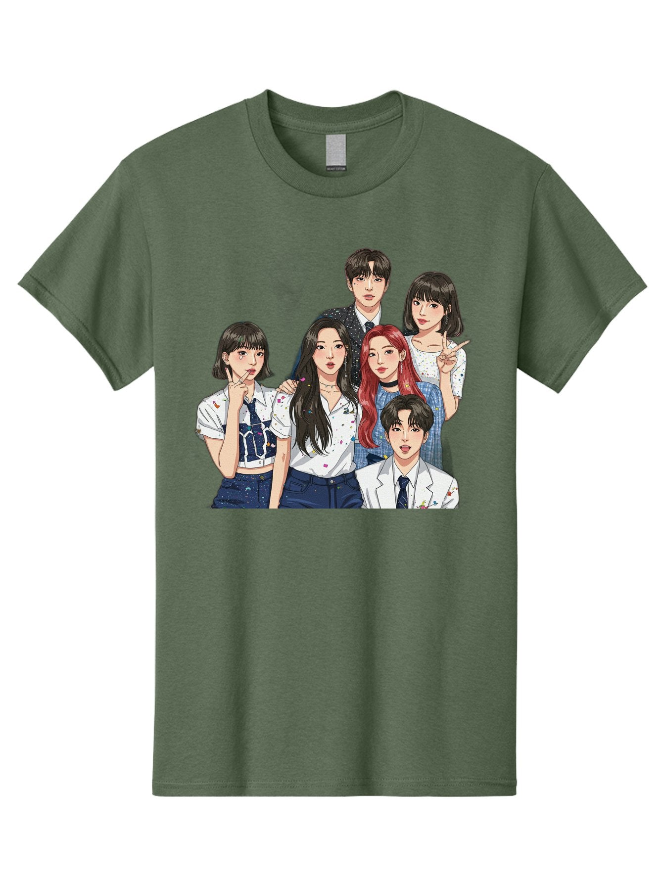 K-Pop-Group-4 Men'S Graphic Tee, 100% Cotton, Comfortable Casual Summer Wear, Machine Washable, K-Pop Group Illustration, Young Idols, Fashion Style, Casual Wear, Formal Wear, Colorful Hair, Pop Culture, Entertainment Industry, Group Portrait, Bac093 12