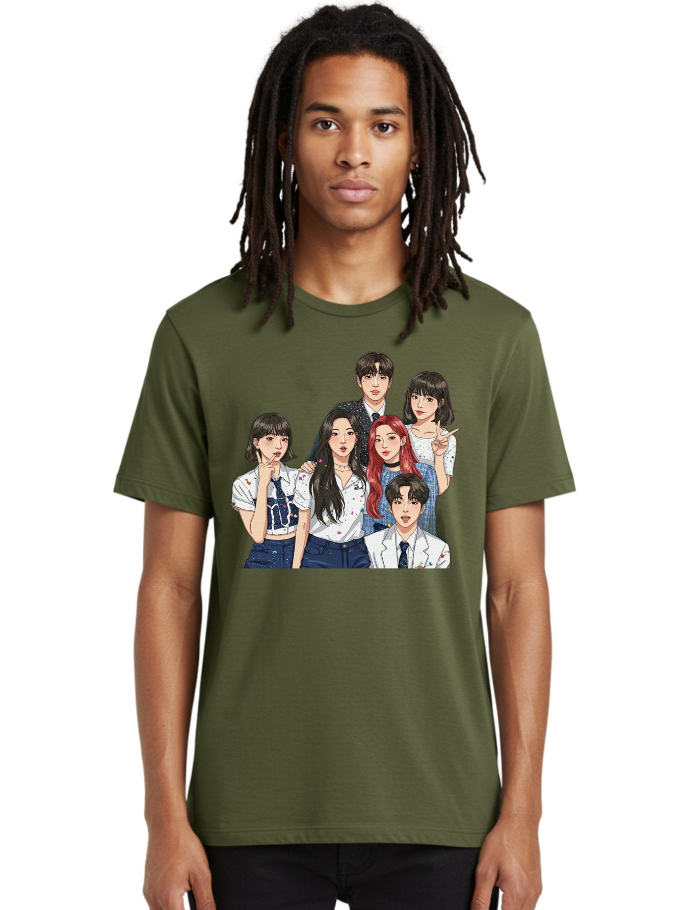 K-Pop-Group-4 Men'S Graphic Tee, 100% Cotton, Comfortable Casual Summer Wear, Machine Washable, K-Pop Group Illustration, Young Idols, Fashion Style, Casual Wear, Formal Wear, Colorful Hair, Pop Culture, Entertainment Industry, Group Portrait, Bac093 28