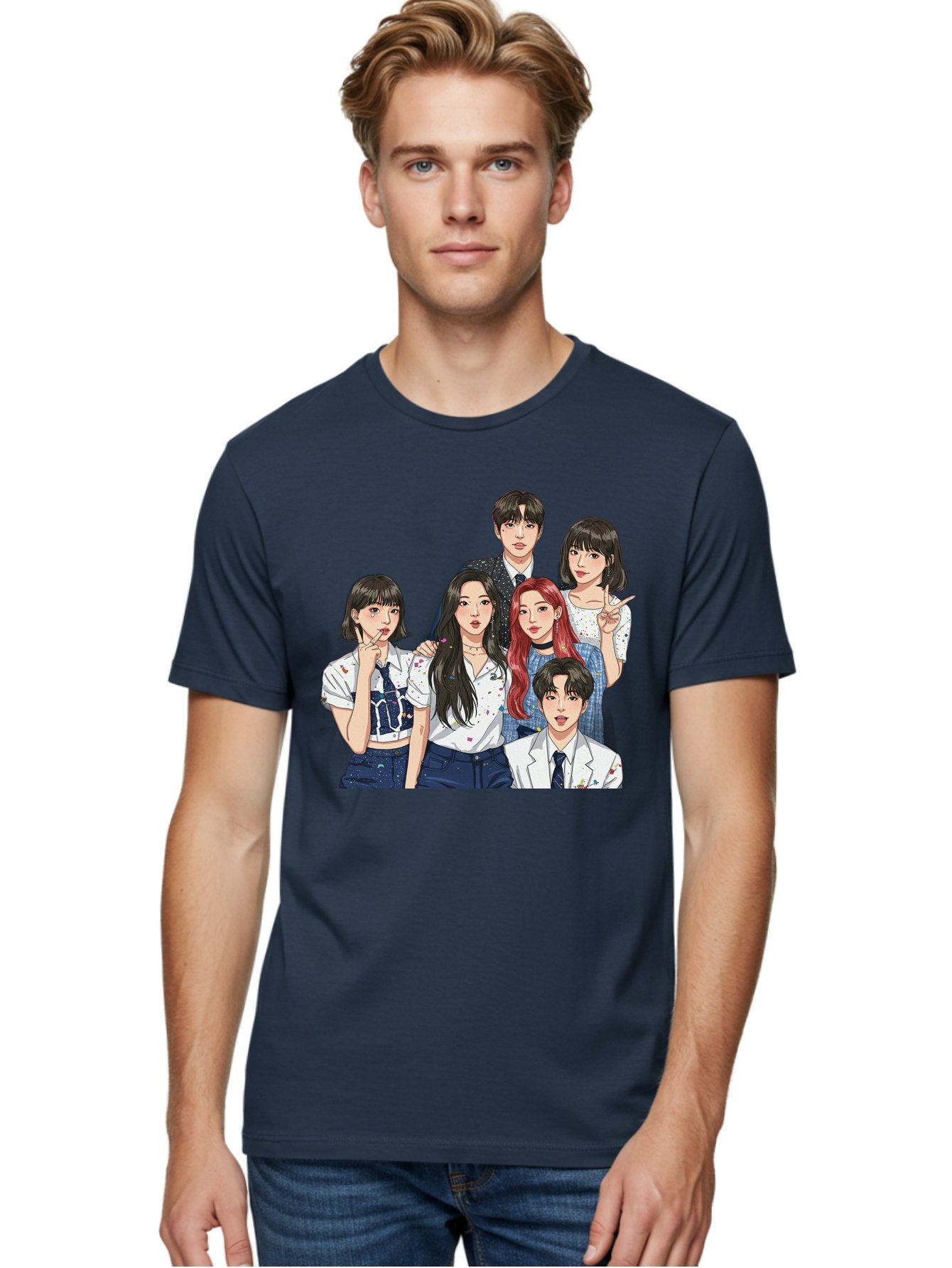 K-Pop-Group-4 Men'S Graphic Tee, 100% Cotton, Comfortable Casual Summer Wear, Machine Washable, K-Pop Group Illustration, Young Idols, Fashion Style, Casual Wear, Formal Wear, Colorful Hair, Pop Culture, Entertainment Industry, Group Portrait, Bac093 27