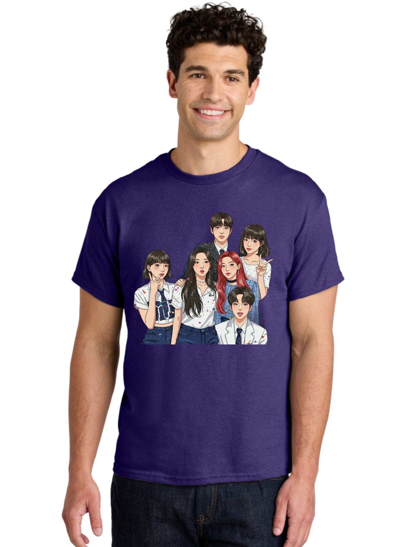 K-Pop-Group-4 Men'S Graphic Tee, 100% Cotton, Comfortable Casual Summer Wear, Machine Washable, K-Pop Group Illustration, Young Idols, Fashion Style, Casual Wear, Formal Wear, Colorful Hair, Pop Culture, Entertainment Industry, Group Portrait, Bac093 29