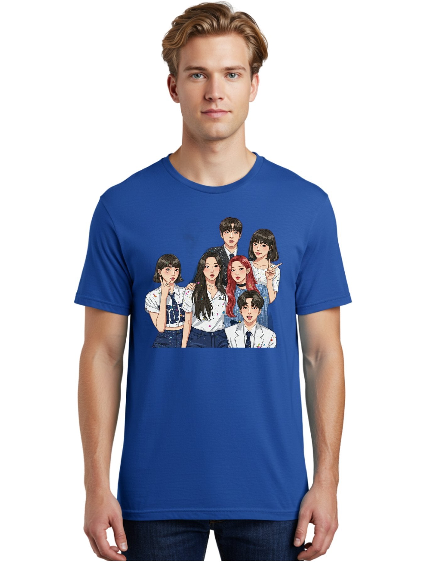 K-Pop-Group-4 Men'S Graphic Tee, 100% Cotton, Comfortable Casual Summer Wear, Machine Washable, K-Pop Group Illustration, Young Idols, Fashion Style, Casual Wear, Formal Wear, Colorful Hair, Pop Culture, Entertainment Industry, Group Portrait, Bac093 22