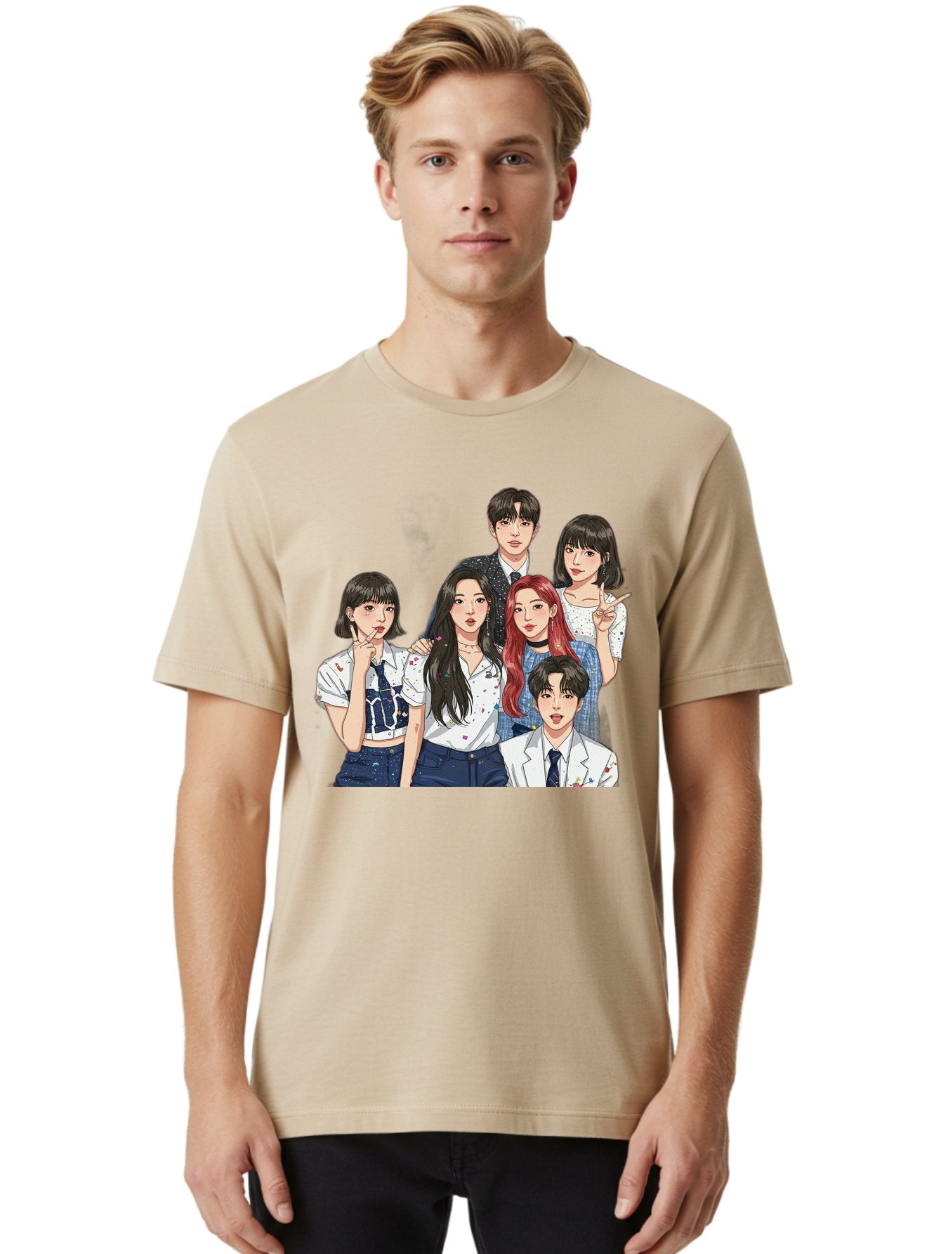 K-Pop-Group-4 Men'S Graphic Tee, 100% Cotton, Comfortable Casual Summer Wear, Machine Washable, K-Pop Group Illustration, Young Idols, Fashion Style, Casual Wear, Formal Wear, Colorful Hair, Pop Culture, Entertainment Industry, Group Portrait, Bac093 25