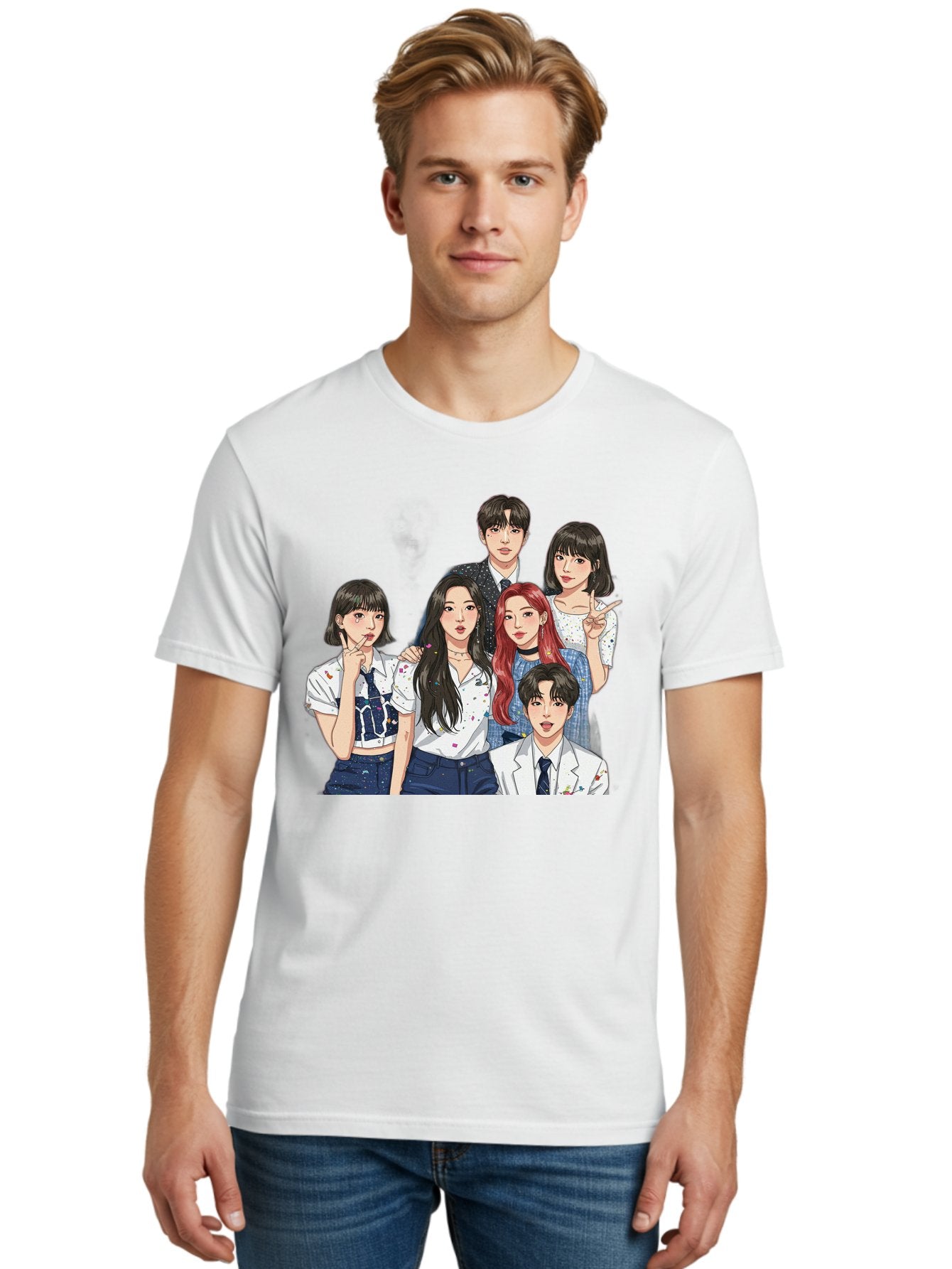 K-Pop-Group-4 Men'S Graphic Tee, 100% Cotton, Comfortable Casual Summer Wear, Machine Washable, K-Pop Group Illustration, Young Idols, Fashion Style, Casual Wear, Formal Wear, Colorful Hair, Pop Culture, Entertainment Industry, Group Portrait, Bac093 16