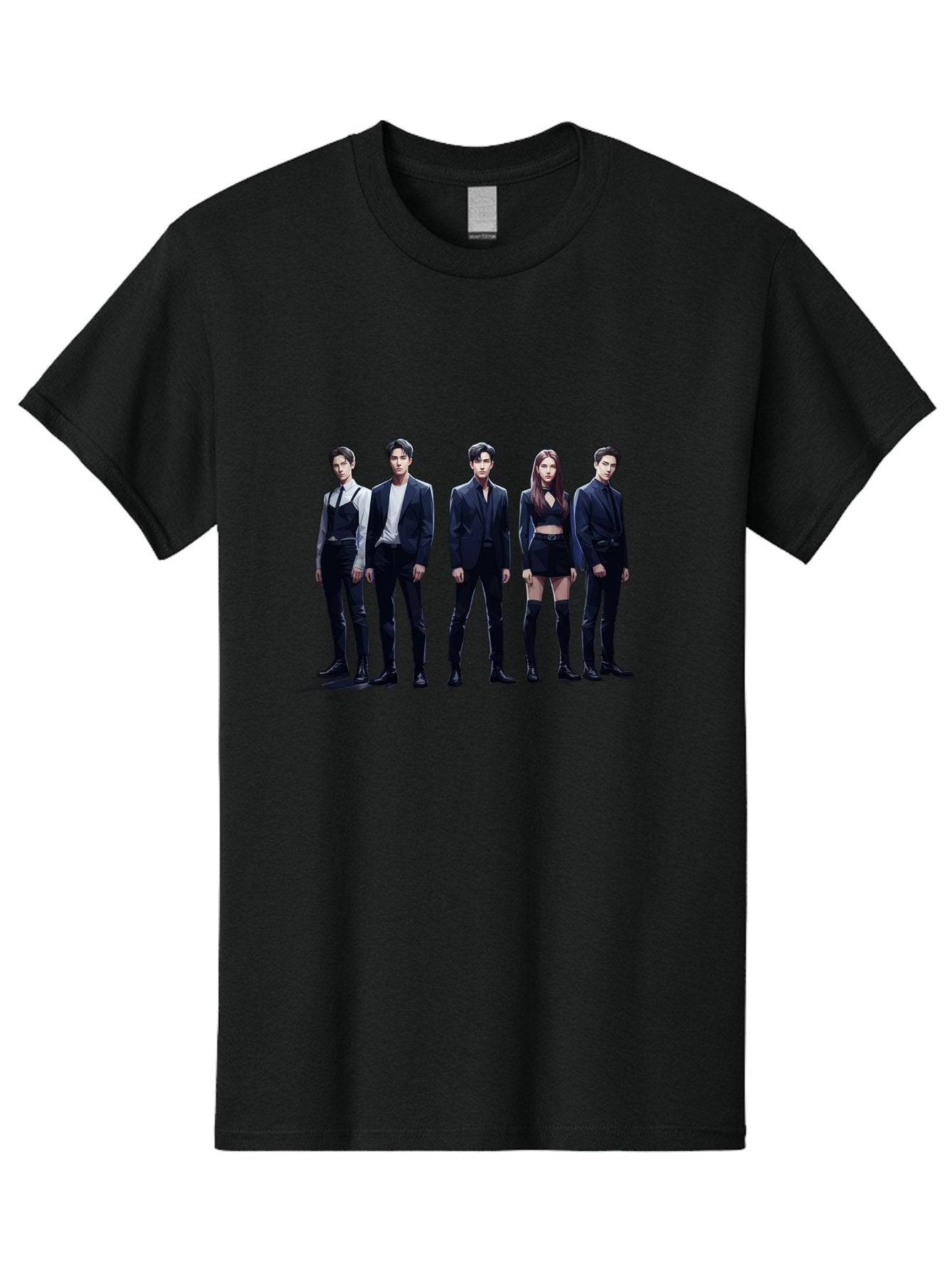 K-Pop-Group-5 Men'S Graphic Tee, 100% Cotton, Comfortable Casual Summer Wear, Machine Washable, K-Pop Group Promotional Image, Fashion Models Posing, Black Outfits, Edgy Style, Modern Fashion Trends, Stylish Attire, Minimalist Chic Bac094 15