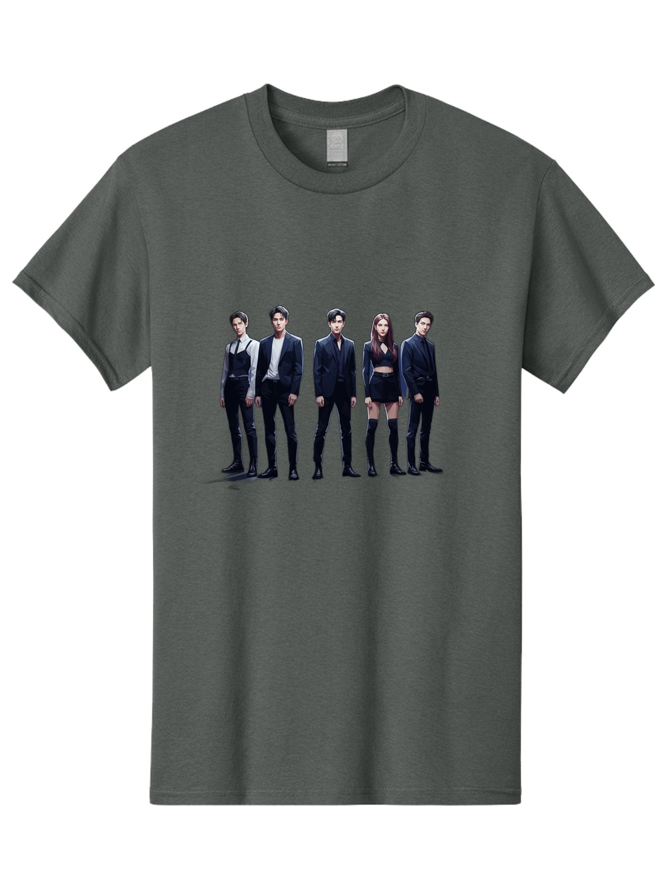 K-Pop-Group-5 Men'S Graphic Tee, 100% Cotton, Comfortable Casual Summer Wear, Machine Washable, K-Pop Group Promotional Image, Fashion Models Posing, Black Outfits, Edgy Style, Modern Fashion Trends, Stylish Attire, Minimalist Chic Bac094 8