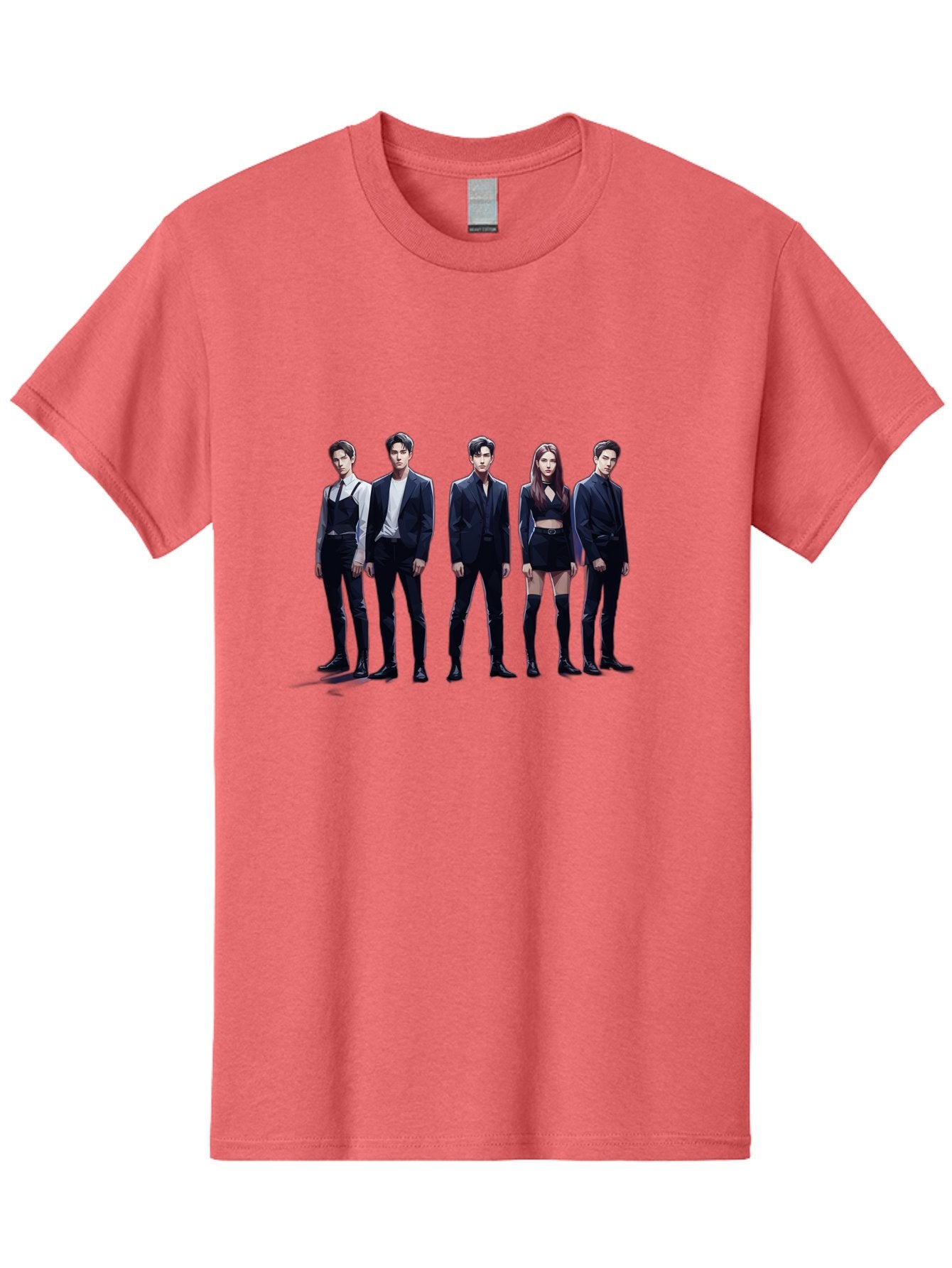 K-Pop-Group-5 Men'S Graphic Tee, 100% Cotton, Comfortable Casual Summer Wear, Machine Washable, K-Pop Group Promotional Image, Fashion Models Posing, Black Outfits, Edgy Style, Modern Fashion Trends, Stylish Attire, Minimalist Chic Bac094 11