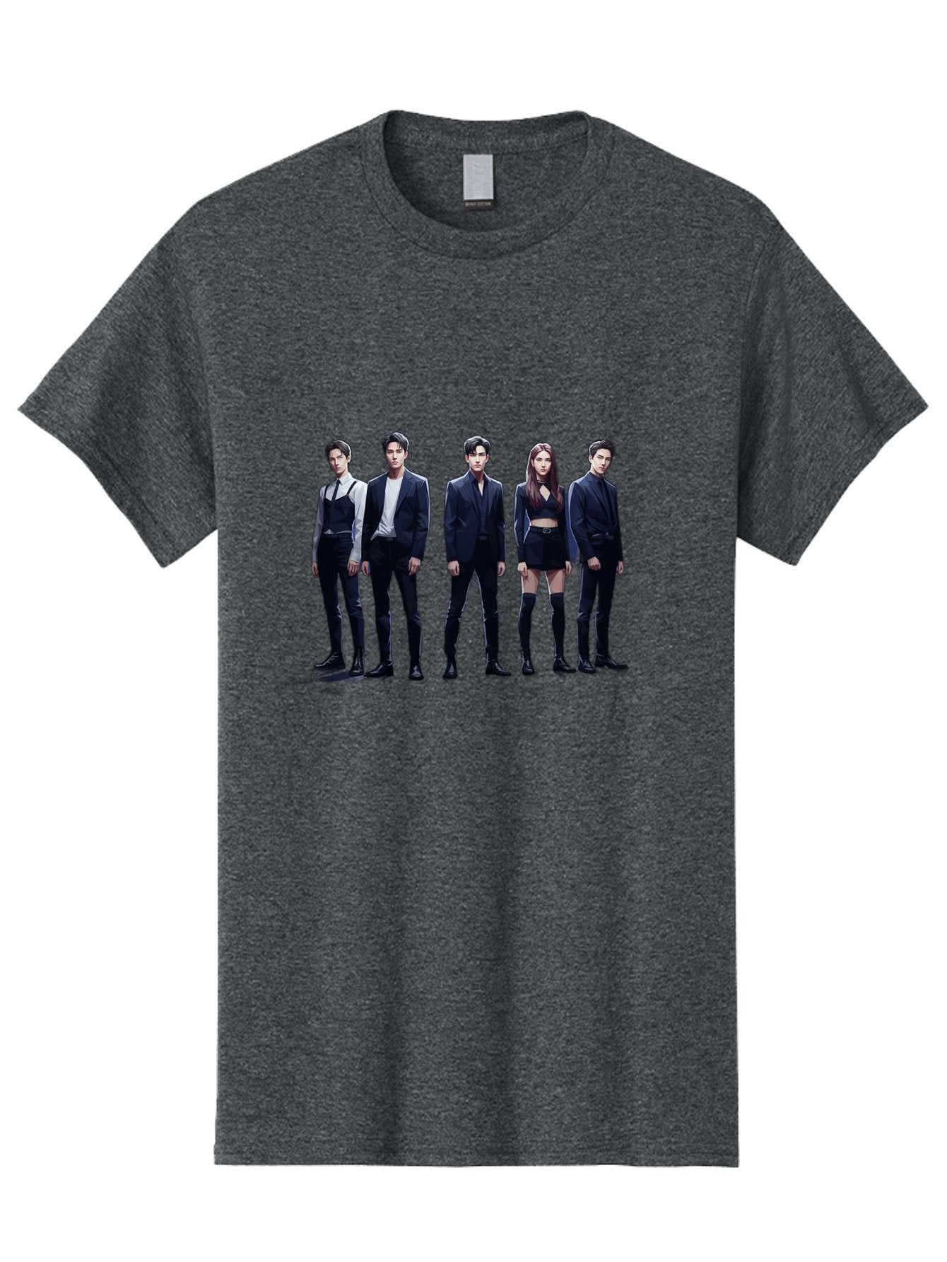 K-Pop-Group-5 Men'S Graphic Tee, 100% Cotton, Comfortable Casual Summer Wear, Machine Washable, K-Pop Group Promotional Image, Fashion Models Posing, Black Outfits, Edgy Style, Modern Fashion Trends, Stylish Attire, Minimalist Chic Bac094