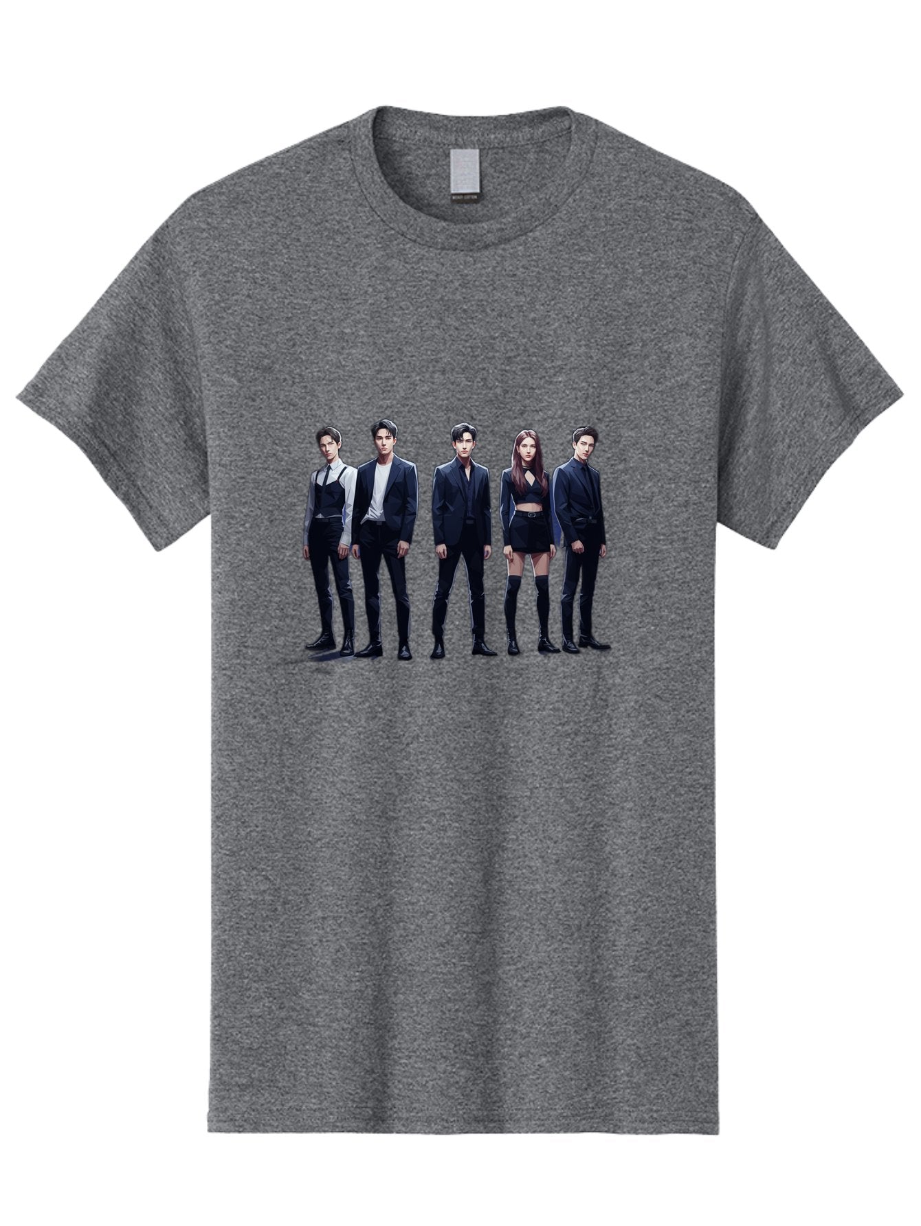 K-Pop-Group-5 Men'S Graphic Tee, 100% Cotton, Comfortable Casual Summer Wear, Machine Washable, K-Pop Group Promotional Image, Fashion Models Posing, Black Outfits, Edgy Style, Modern Fashion Trends, Stylish Attire, Minimalist Chic Bac094 4