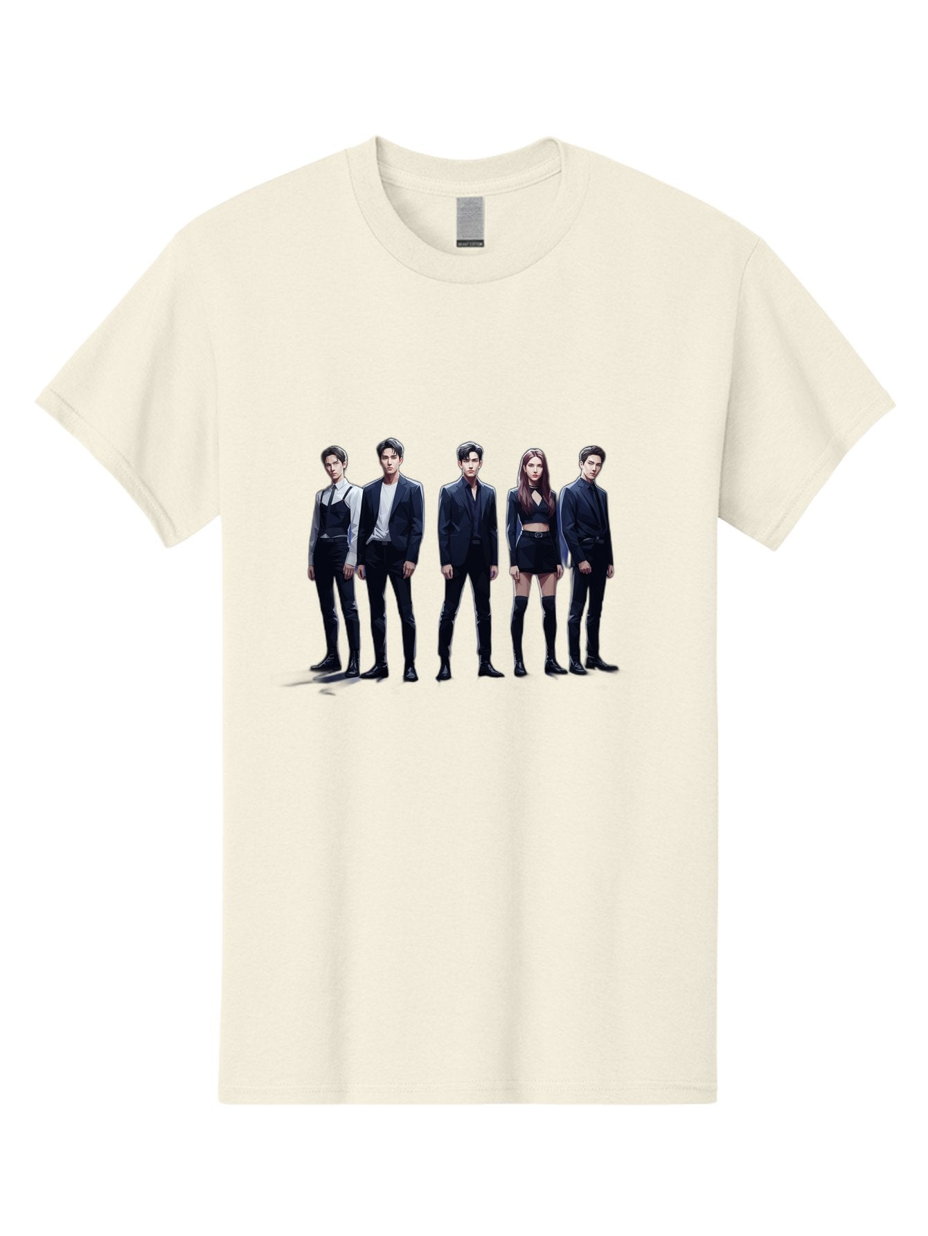 K-Pop-Group-5 Men'S Graphic Tee, 100% Cotton, Comfortable Casual Summer Wear, Machine Washable, K-Pop Group Promotional Image, Fashion Models Posing, Black Outfits, Edgy Style, Modern Fashion Trends, Stylish Attire, Minimalist Chic Bac094 5