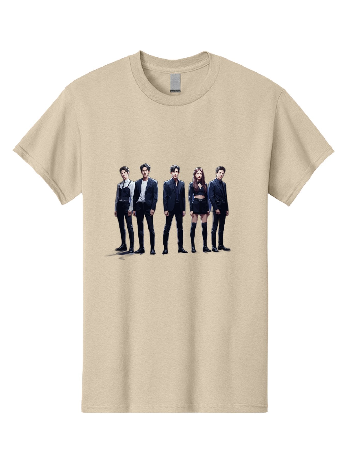 K-Pop-Group-5 Men'S Graphic Tee, 100% Cotton, Comfortable Casual Summer Wear, Machine Washable, K-Pop Group Promotional Image, Fashion Models Posing, Black Outfits, Edgy Style, Modern Fashion Trends, Stylish Attire, Minimalist Chic Bac094 10