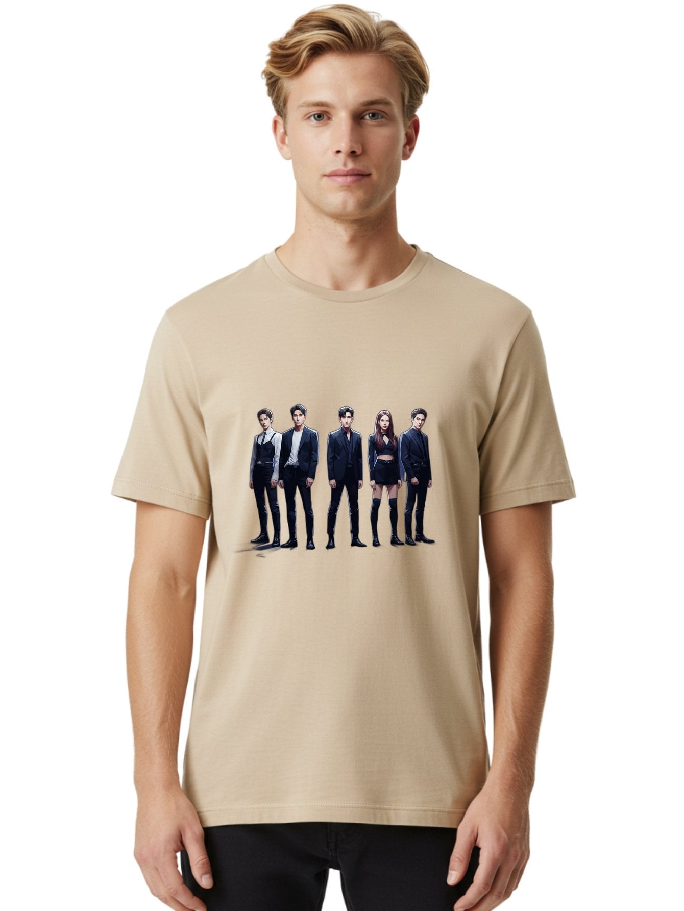 K-Pop-Group-5 Men'S Graphic Tee, 100% Cotton, Comfortable Casual Summer Wear, Machine Washable, K-Pop Group Promotional Image, Fashion Models Posing, Black Outfits, Edgy Style, Modern Fashion Trends, Stylish Attire, Minimalist Chic Bac094 17