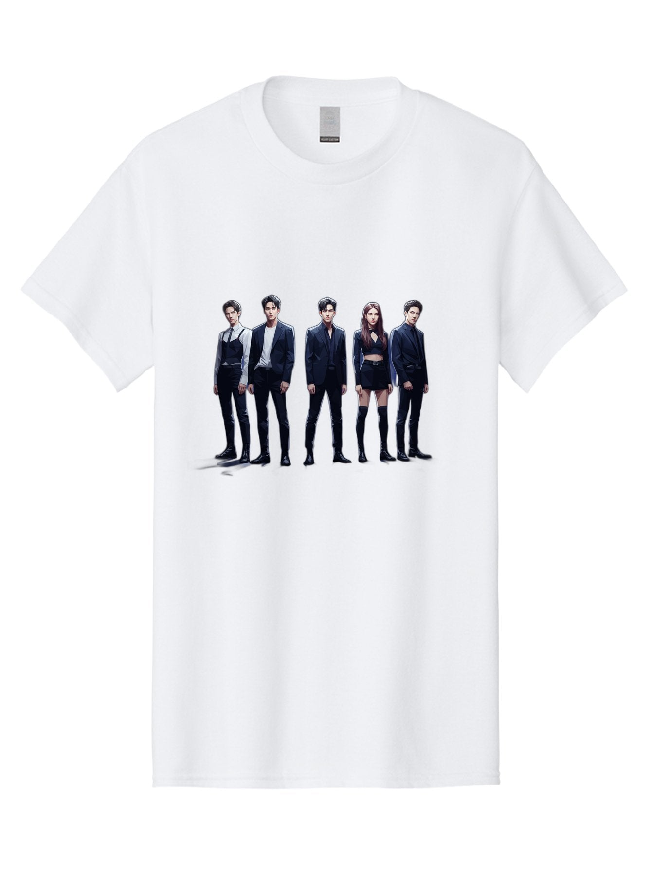 K-Pop-Group-5 Men'S Graphic Tee, 100% Cotton, Comfortable Casual Summer Wear, Machine Washable, K-Pop Group Promotional Image, Fashion Models Posing, Black Outfits, Edgy Style, Modern Fashion Trends, Stylish Attire, Minimalist Chic Bac094 3