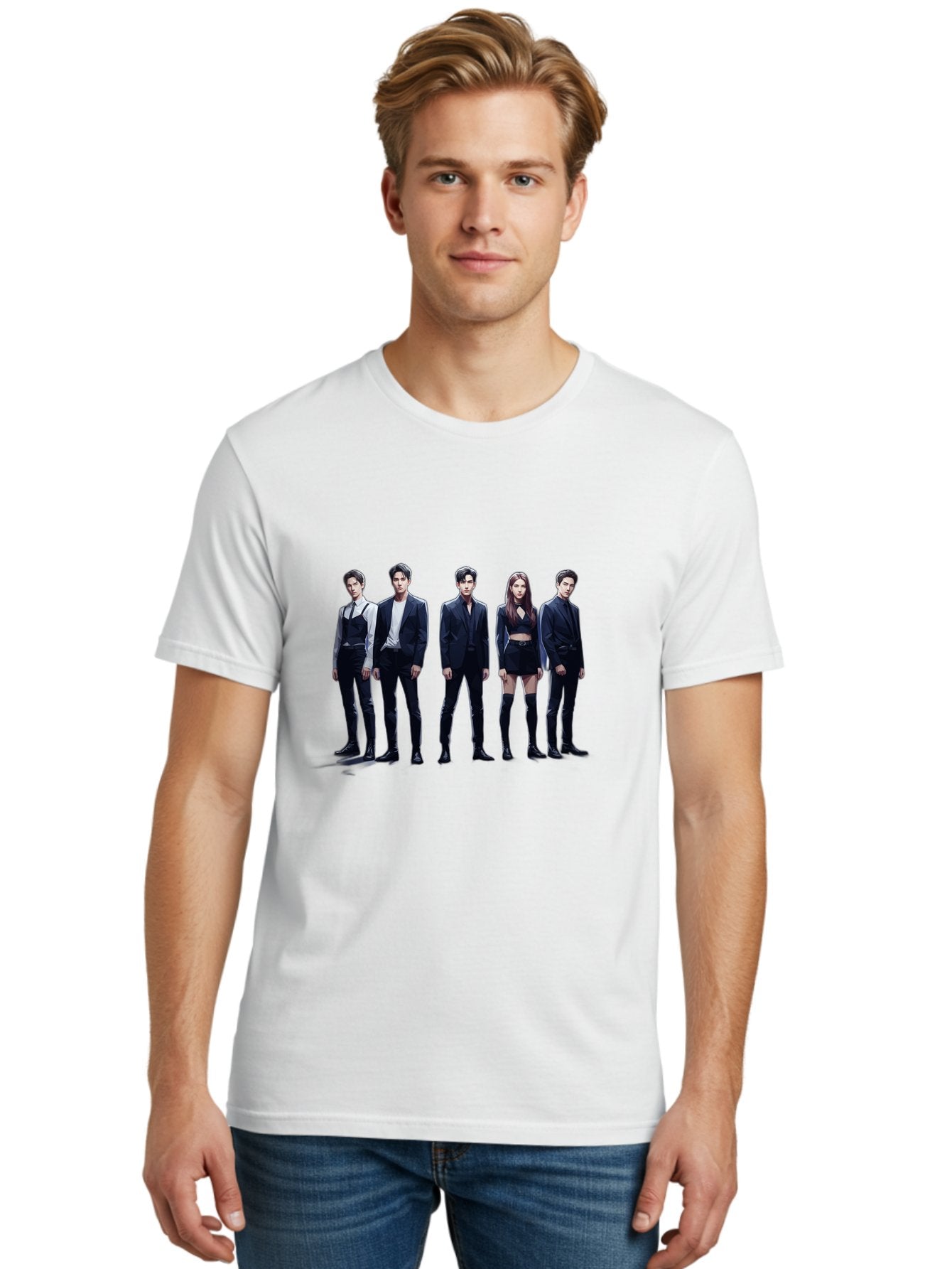 K-Pop-Group-5 Men'S Graphic Tee, 100% Cotton, Comfortable Casual Summer Wear, Machine Washable, K-Pop Group Promotional Image, Fashion Models Posing, Black Outfits, Edgy Style, Modern Fashion Trends, Stylish Attire, Minimalist Chic Bac094 22