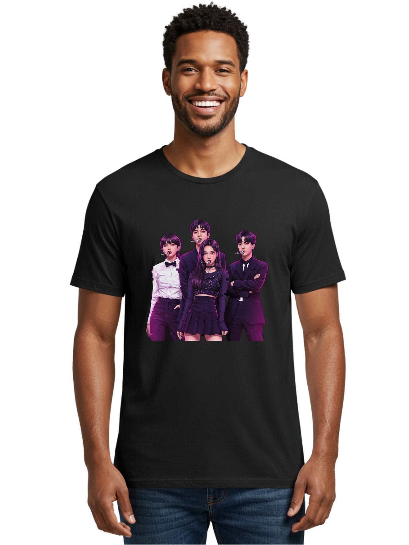 K-Pop-Group-6 Men'S Graphic Tee, 100% Cotton, Comfortable Casual Summer Wear, Machine Washable, K-Pop Performers, Group Portrait, Microphone Headset, Formal Attire, Black And White Clothing, Fashion Style, Music Industry, Pop Culture, Bac095 27