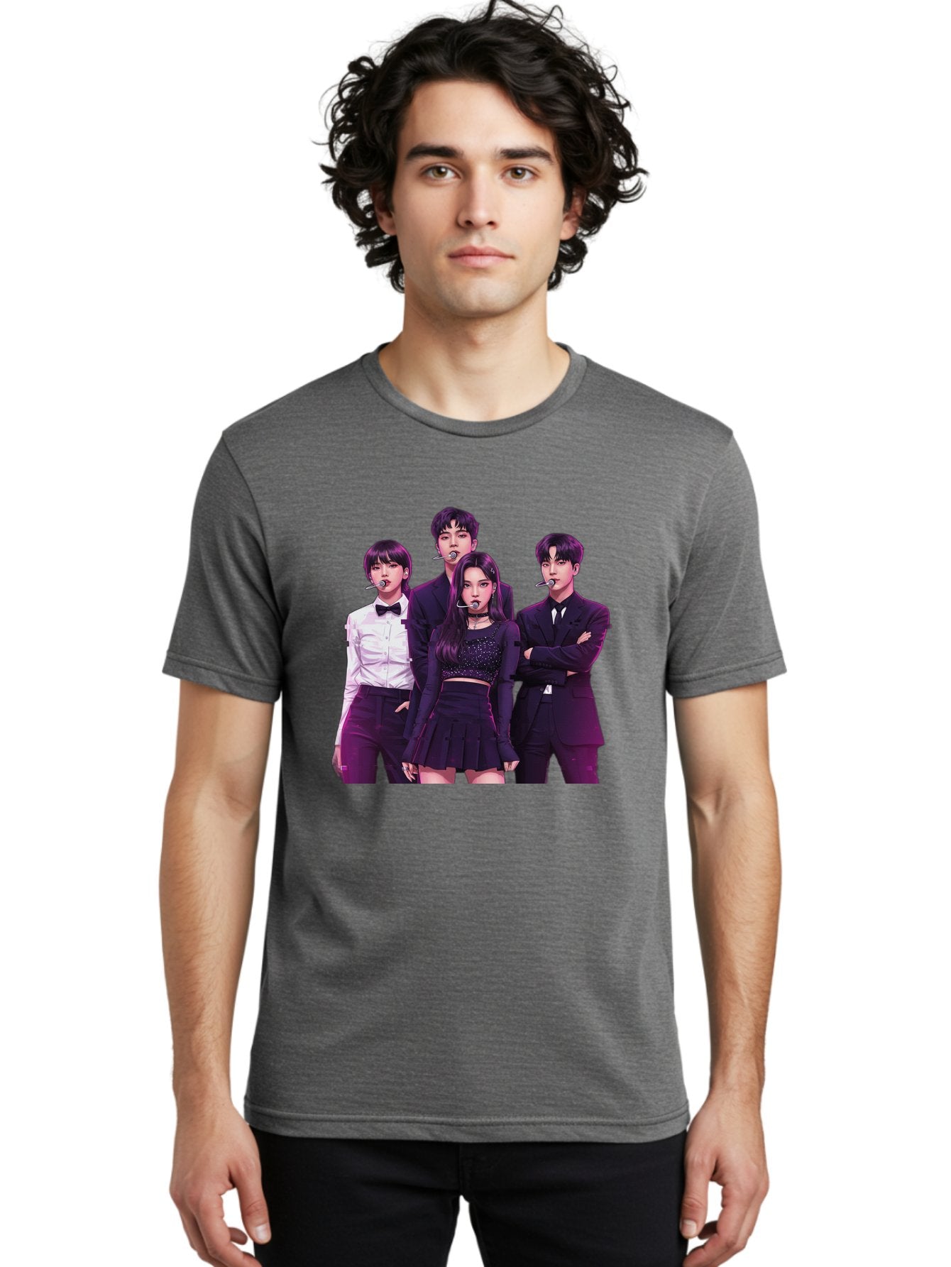 K-Pop-Group-6 Men'S Graphic Tee, 100% Cotton, Comfortable Casual Summer Wear, Machine Washable, K-Pop Performers, Group Portrait, Microphone Headset, Formal Attire, Black And White Clothing, Fashion Style, Music Industry, Pop Culture, Bac095 16